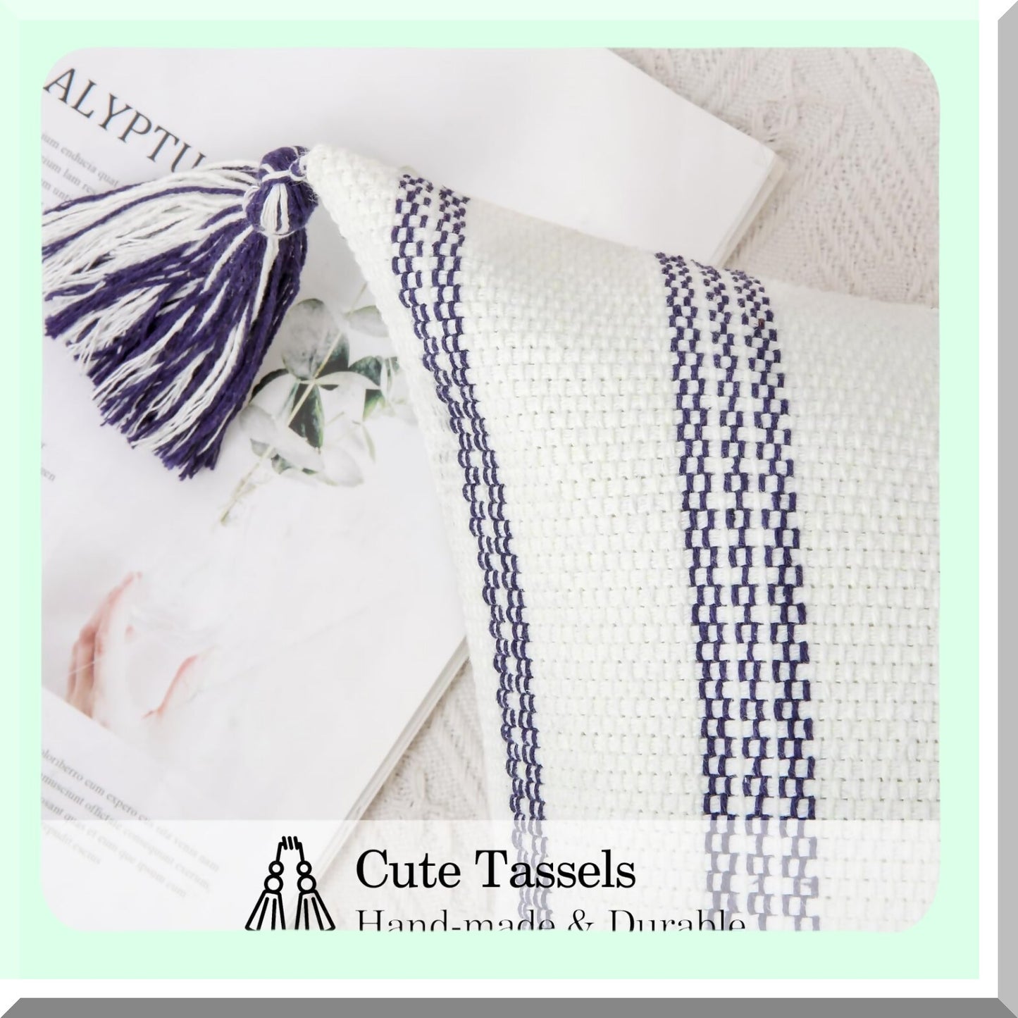 Striped Boho Lumbar Pillow Covers Set - Navy Blue & Cream White Decorative Outdoor Throw Pillow Covers for Couch Bed Sofa - 12x20 Inch with Tels