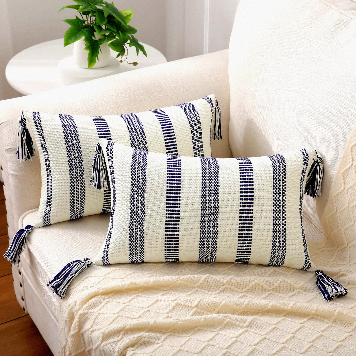 Striped Boho Lumbar Pillow Covers Set - Navy Blue & Cream White Decorative Outdoor Throw Pillow Covers for Couch Bed Sofa - 12x20 Inch with Tels