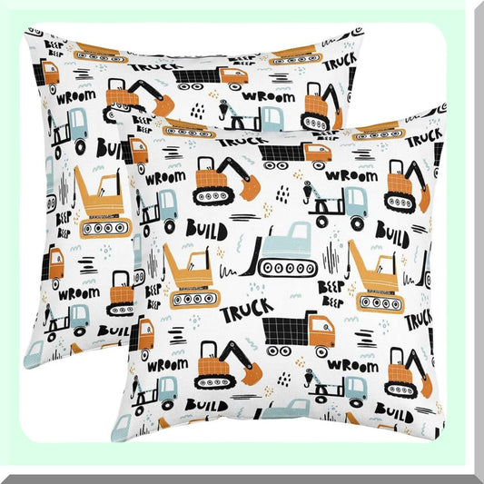 Cartoon Construction Trucks Pillow Covers - Set of 2 18"x18" Soft Cushion Cases for Living Room & Bedroom Decor. Construction Vehicles Decorative Throw Pillowcases for Couch & Chair.