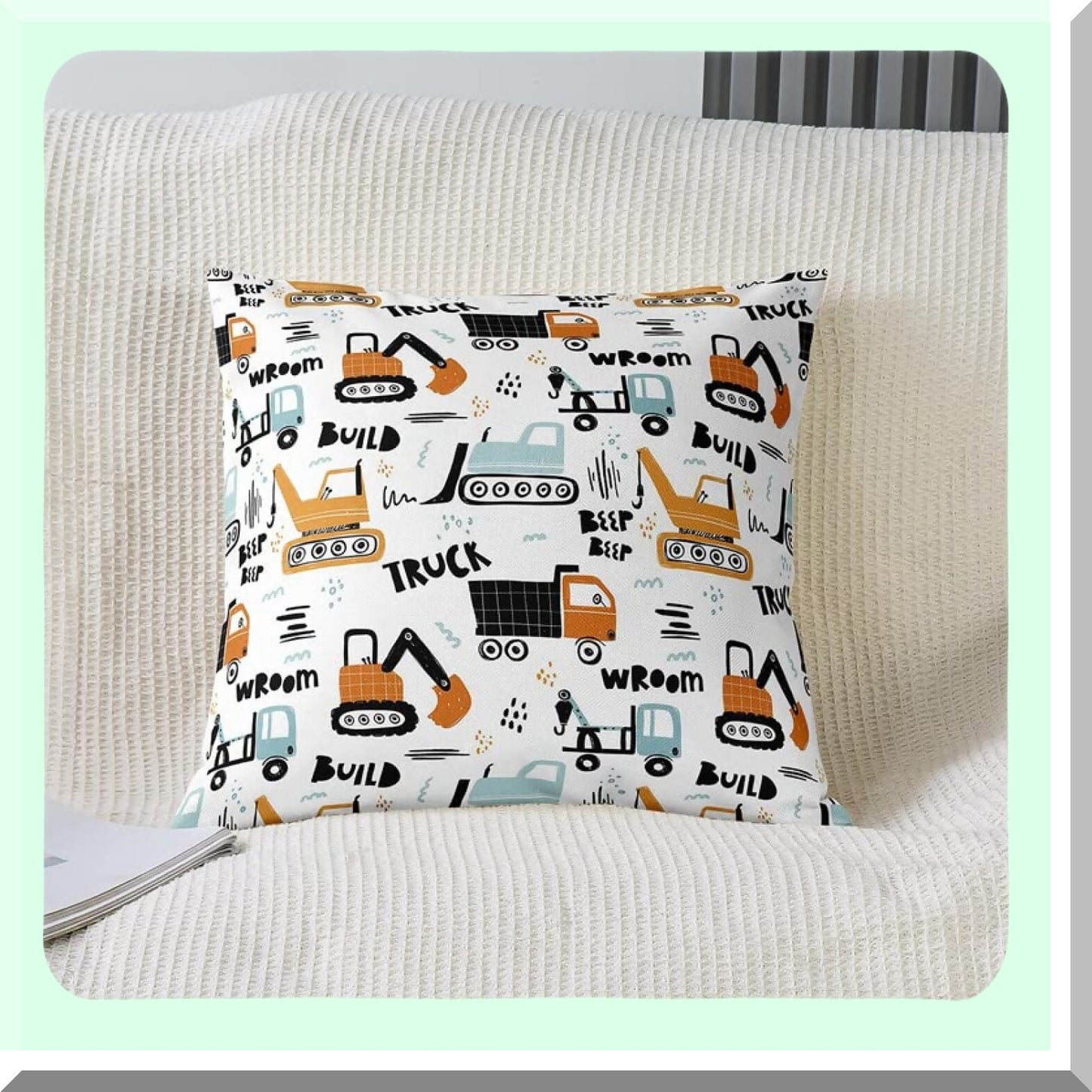 Cartoon Construction Trucks Pillow Covers - Set of 2 18"x18" Soft Cushion Cases for Living Room & Bedroom Decor. Construction Vehicles Decorative Throw Pillowcases for Couch & Chair.