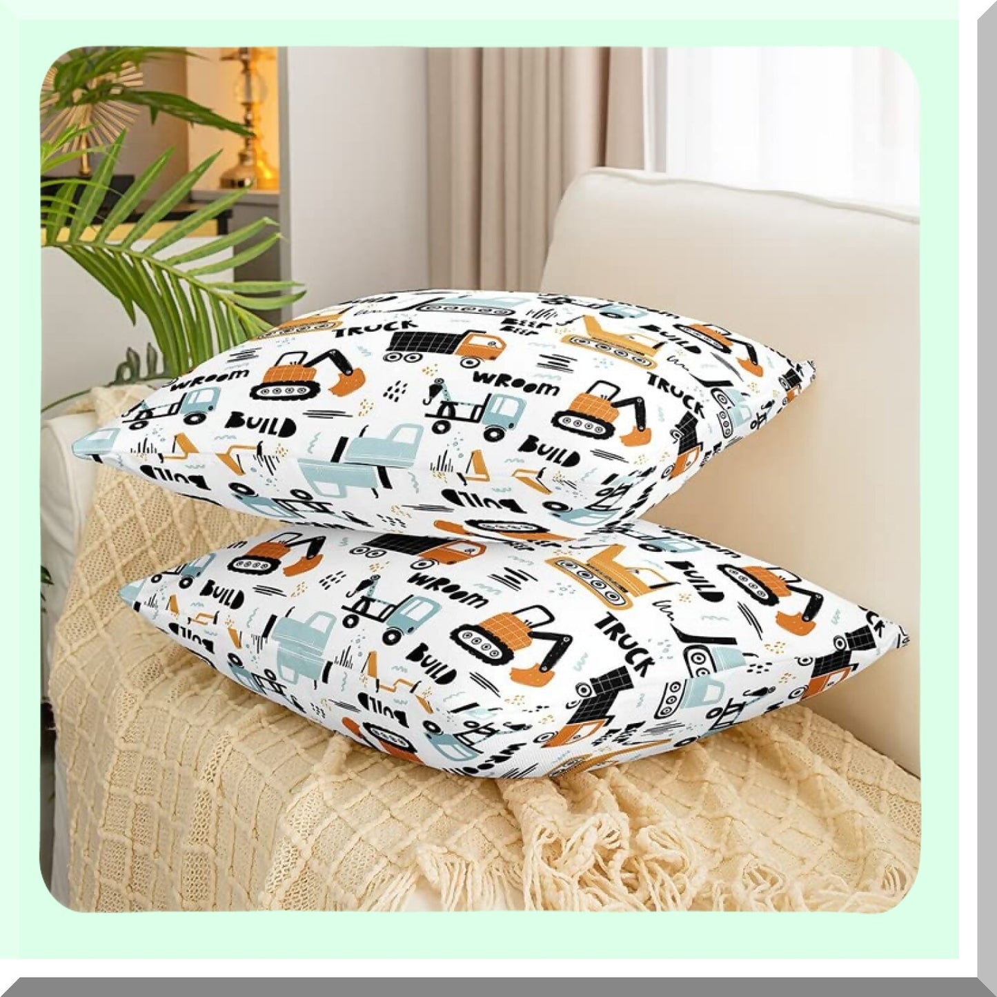 Cartoon Construction Trucks Pillow Covers - Set of 2 18"x18" Soft Cushion Cases for Living Room & Bedroom Decor. Construction Vehicles Decorative Throw Pillowcases for Couch & Chair.