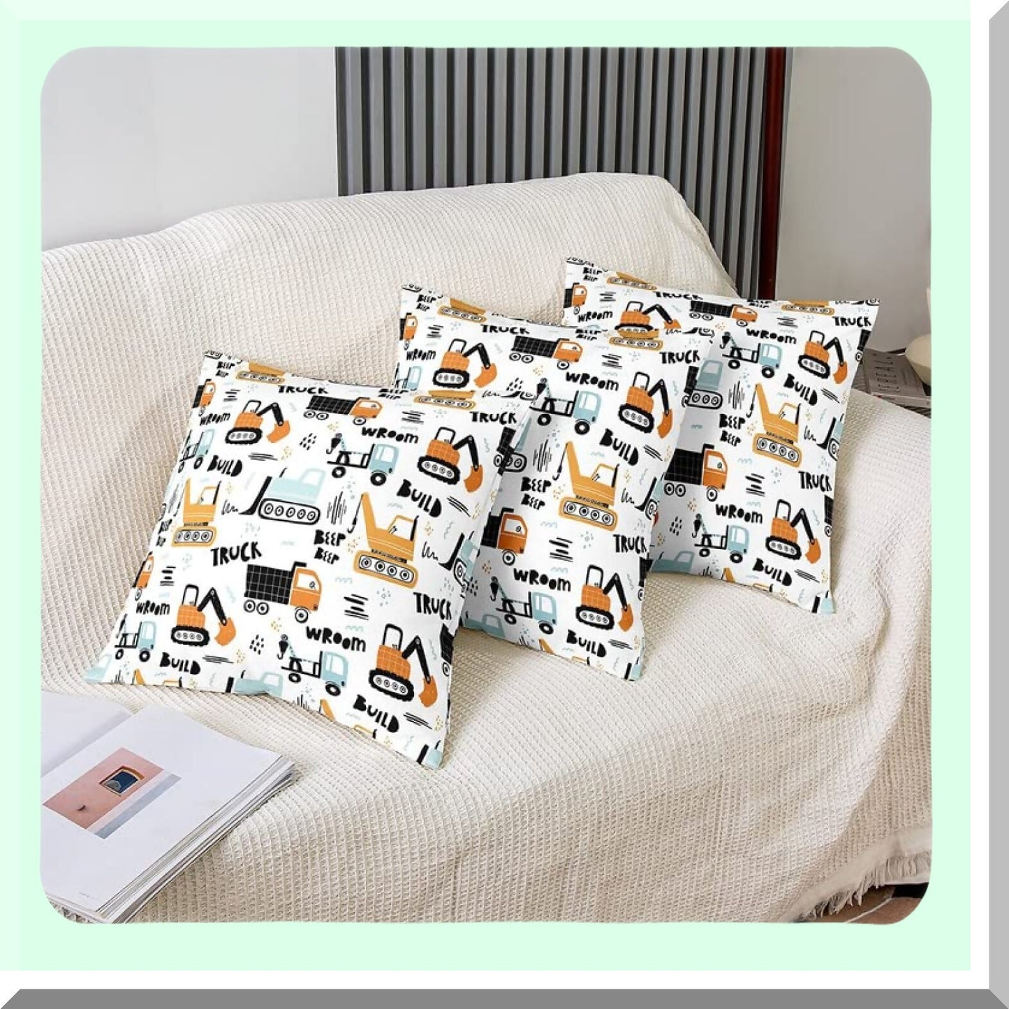 Cartoon Construction Trucks Pillow Covers - Set of 2 18"x18" Soft Cushion Cases for Living Room & Bedroom Decor. Construction Vehicles Decorative Throw Pillowcases for Couch & Chair.