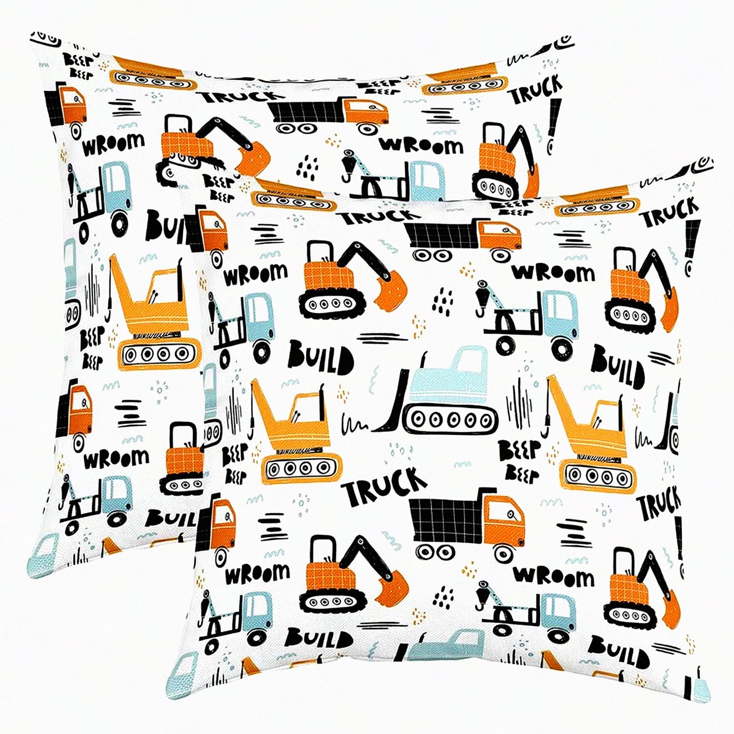 Cartoon Construction Trucks Pillow Covers - Set of 2 18"x18" Soft Cushion Cases for Living Room & Bedroom Decor. Construction Vehicles Decorative Throw Pillowcases for Couch & Chair.