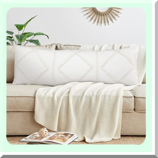 Boho Chic Macrame Tufted Body Pillow Cover - Textured Fringe Farmhouse Decor - Off White Canvas Couch Long Throw Zipper Case - Sweet JoJo Designs Accent 54x20