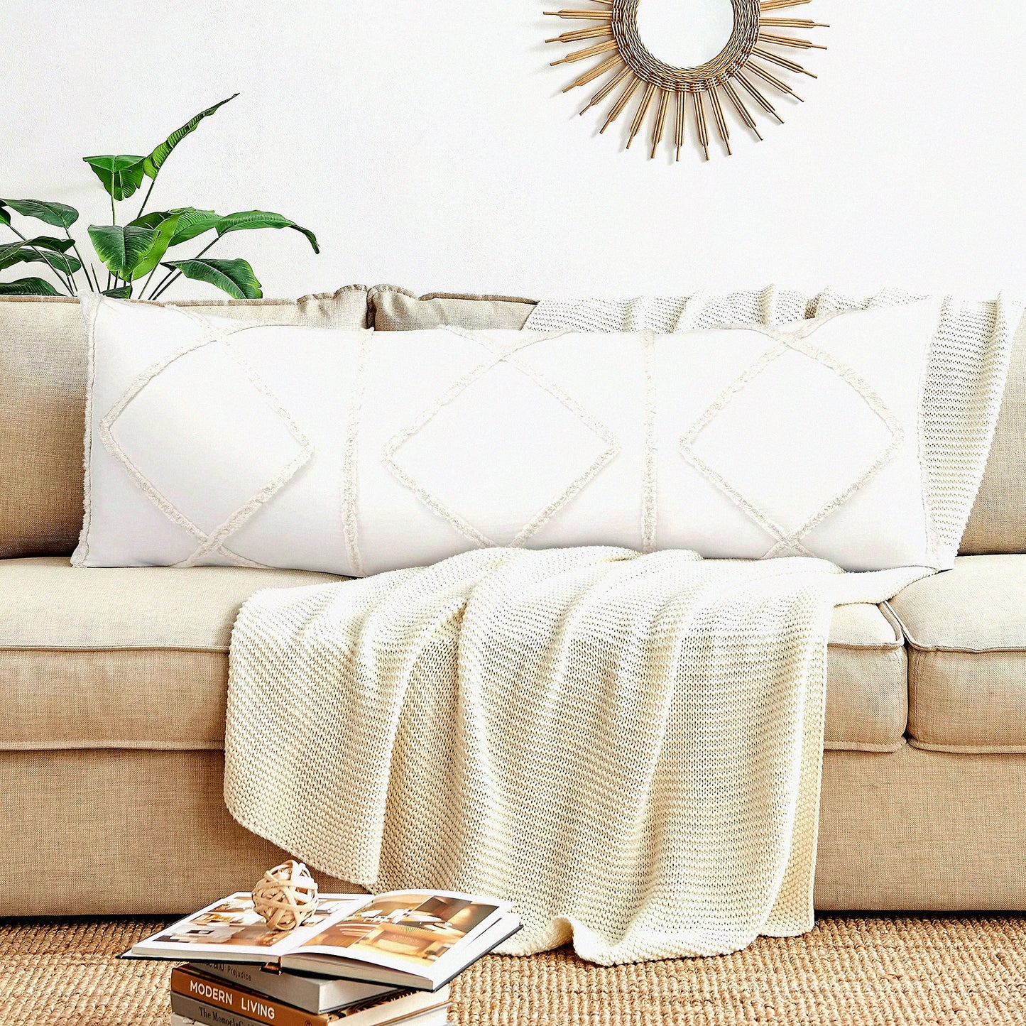 Boho Chic Macrame Tufted Body Pillow Cover - Textured Fringe Farmhouse Decor - Off White Canvas Couch Long Throw Zipper Case - Sweet JoJo Designs Accent 54x20