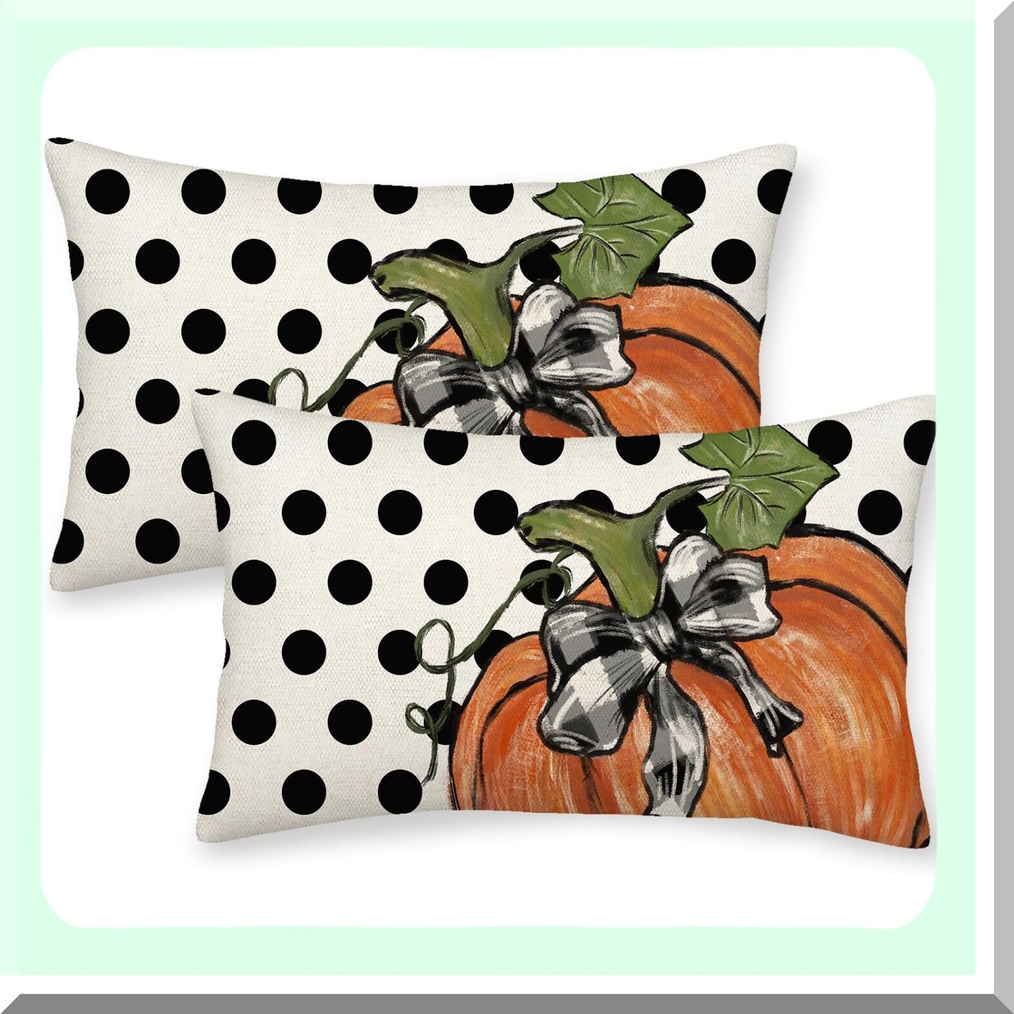 Autumn Harvest Pillow Covers - Set of 2 Pumpkin Maple Leaves Polka Dot Decorative Linen Throw Cushion Cases for Farmhouse Home Decor & Thanksgiving