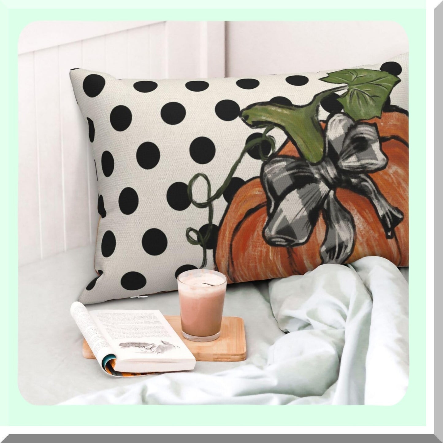 Autumn Harvest Pillow Covers - Set of 2 Pumpkin Maple Leaves Polka Dot Decorative Linen Throw Cushion Cases for Farmhouse Home Decor & Thanksgiving