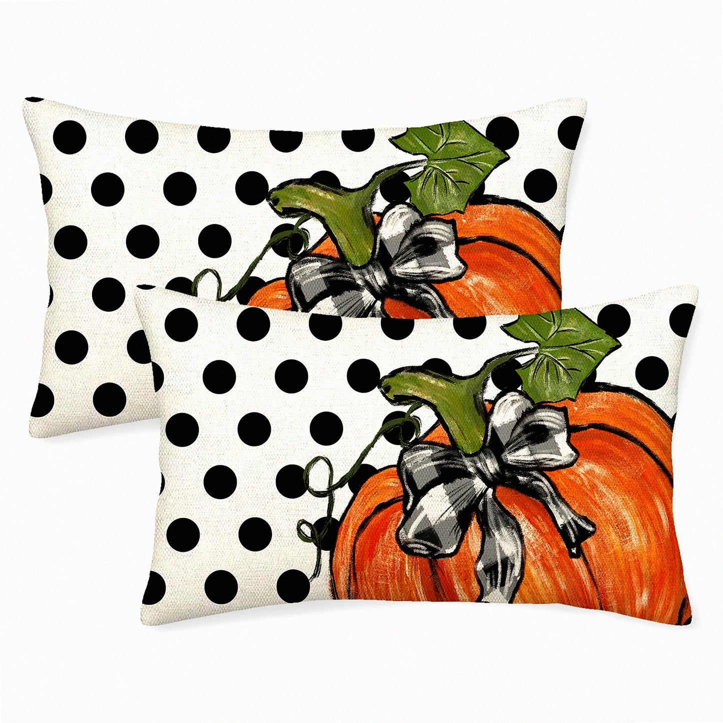 Autumn Harvest Pillow Covers - Set of 2 Pumpkin Maple Leaves Polka Dot Decorative Linen Throw Cushion Cases for Farmhouse Home Decor & Thanksgiving