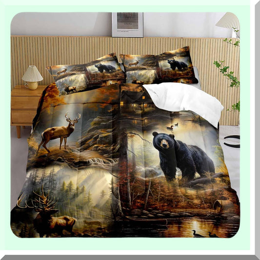 Wildlife Hunter Lodge Comforter Set - Black Bear Deer Elk Moose Mallard Duck Woodland Forest Animal Rustic Farmhouse Cabin Bedding - 3PCS with 2 Pillow Shams