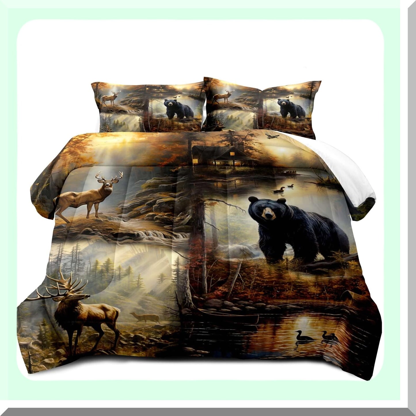 Wildlife Hunter Lodge Comforter Set - Black Bear Deer Elk Moose Mallard Duck Woodland Forest Animal Rustic Farmhouse Cabin Bedding - 3PCS with 2 Pillow Shams