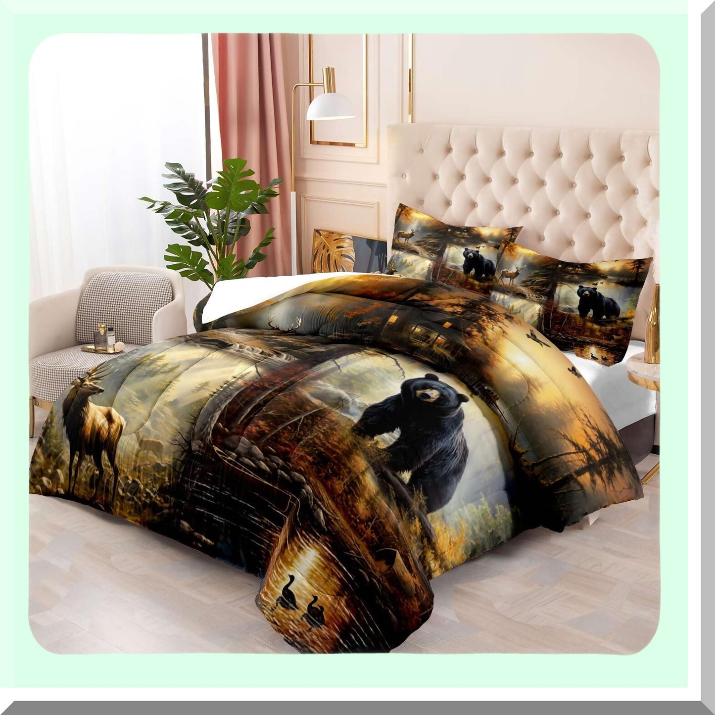 Wildlife Hunter Lodge Comforter Set - Black Bear Deer Elk Moose Mallard Duck Woodland Forest Animal Rustic Farmhouse Cabin Bedding - 3PCS with 2 Pillow Shams
