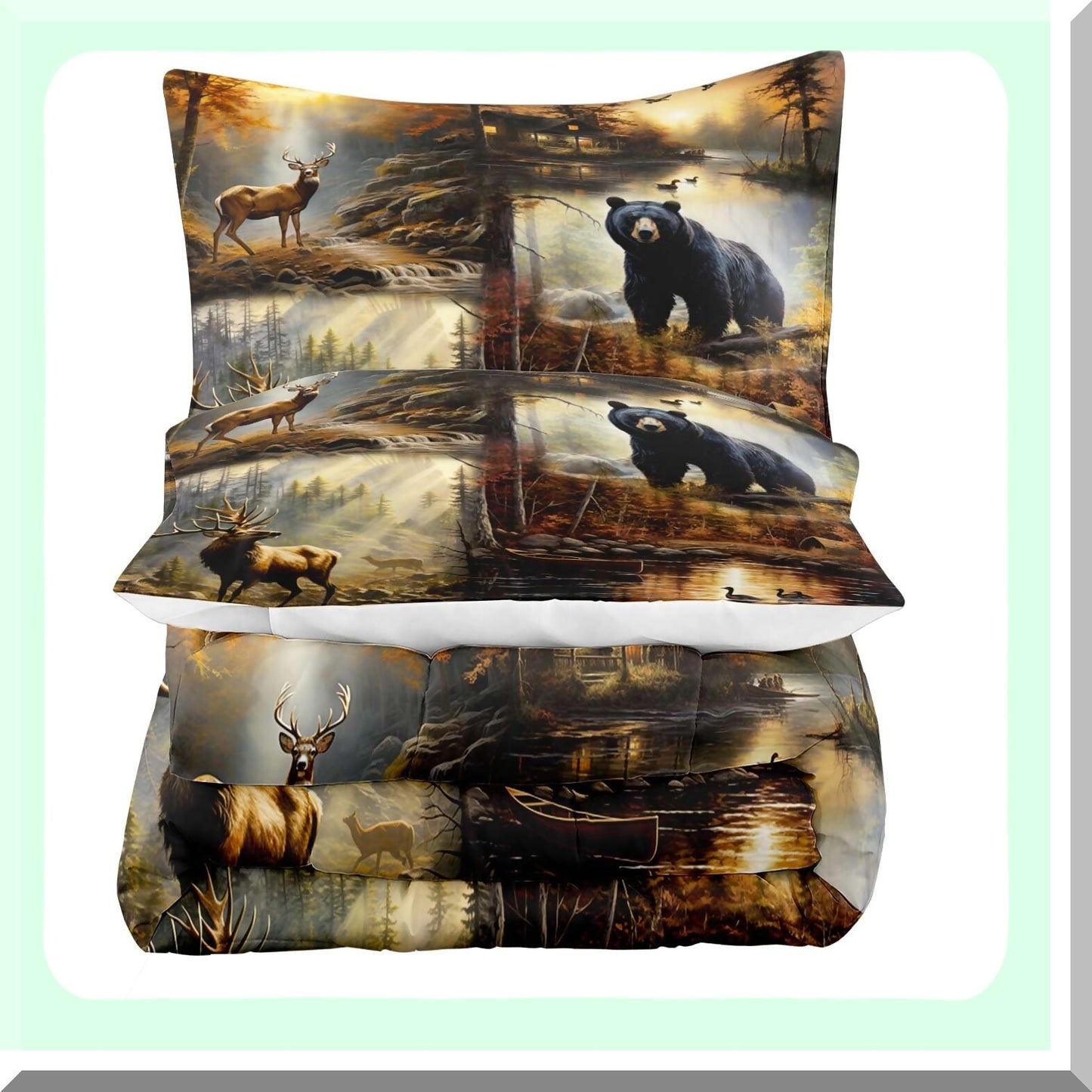 Wildlife Hunter Lodge Comforter Set - Black Bear Deer Elk Moose Mallard Duck Woodland Forest Animal Rustic Farmhouse Cabin Bedding - 3PCS with 2 Pillow Shams
