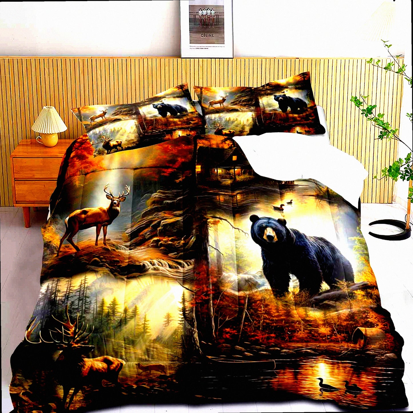Wildlife Hunter Lodge Comforter Set - Black Bear Deer Elk Moose Mallard Duck Woodland Forest Animal Rustic Farmhouse Cabin Bedding - 3PCS with 2 Pillow Shams