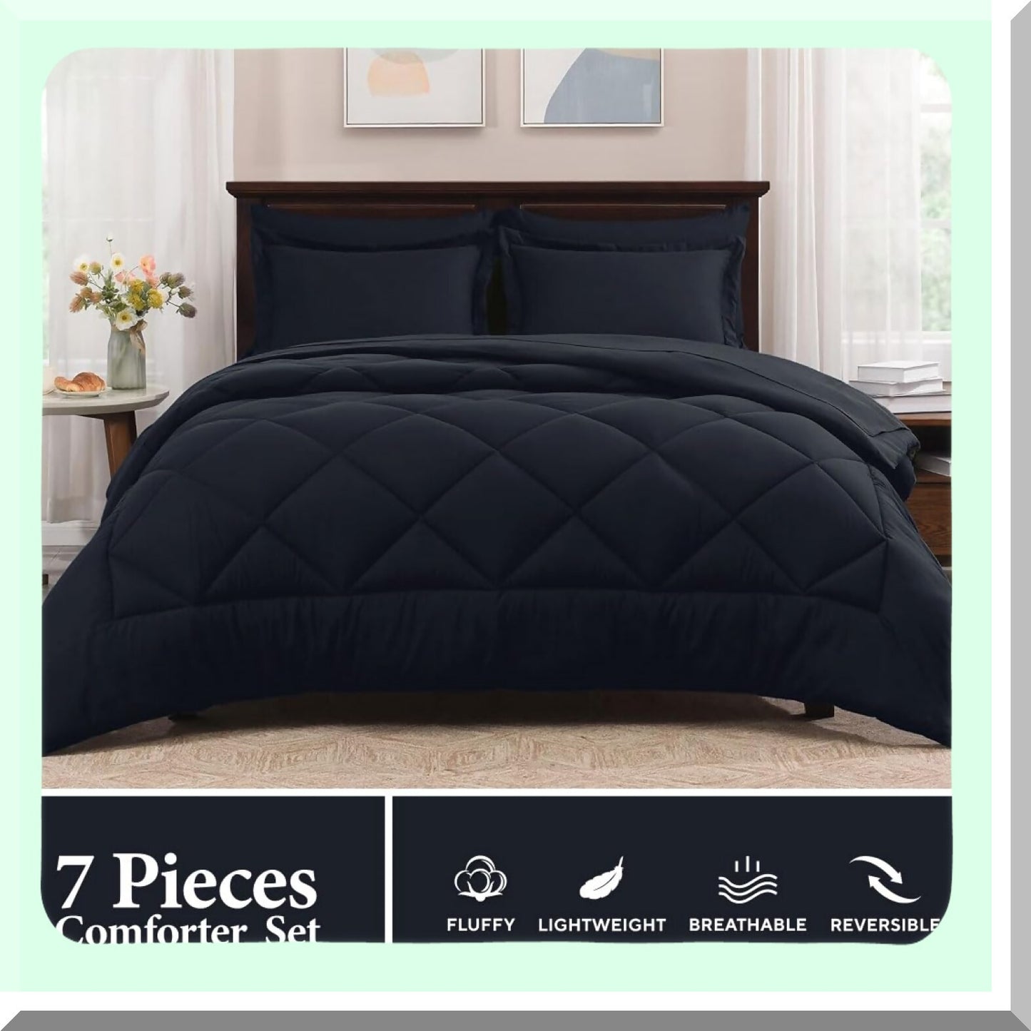 Navy Dream 7-Piece Bedding Set - All Season Comforter Set with Sheets, Pillow Shams, Flat Sheet, Fitted Sheet, and Pillowcases - Size Bed in a Bag