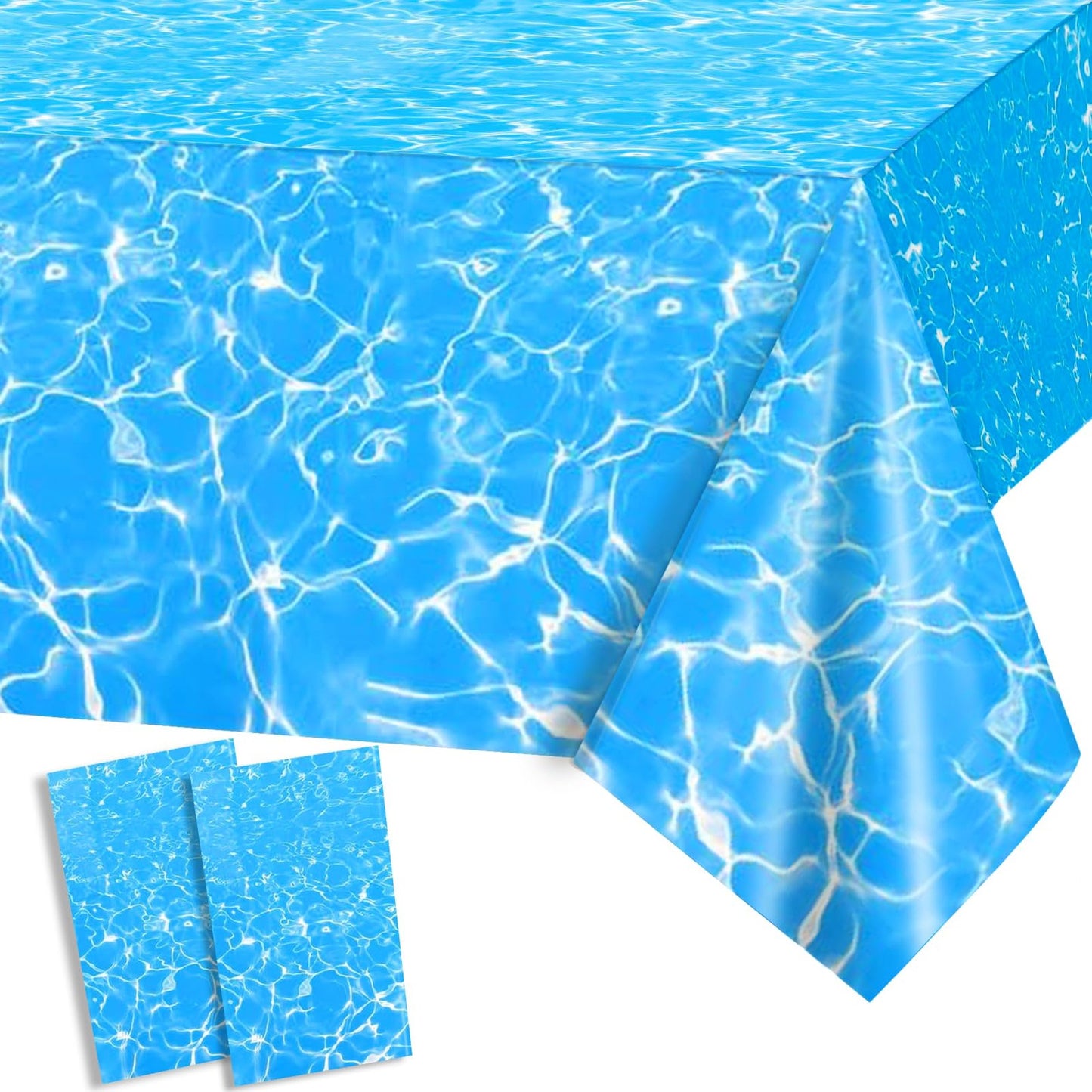 Ocean Waves Disposable Tablecloth Set - Underwater Party Decor Kit with 2 Blue Plastic Table Covers for Shark & Mermaid Birthday Celebrations.
