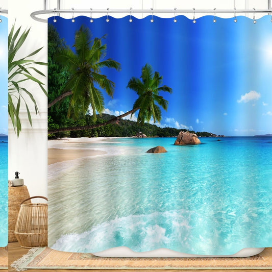 Ocean Beach Shower Curtain Blue Sky Sea Tropical Palm Trees 72x72 Inch