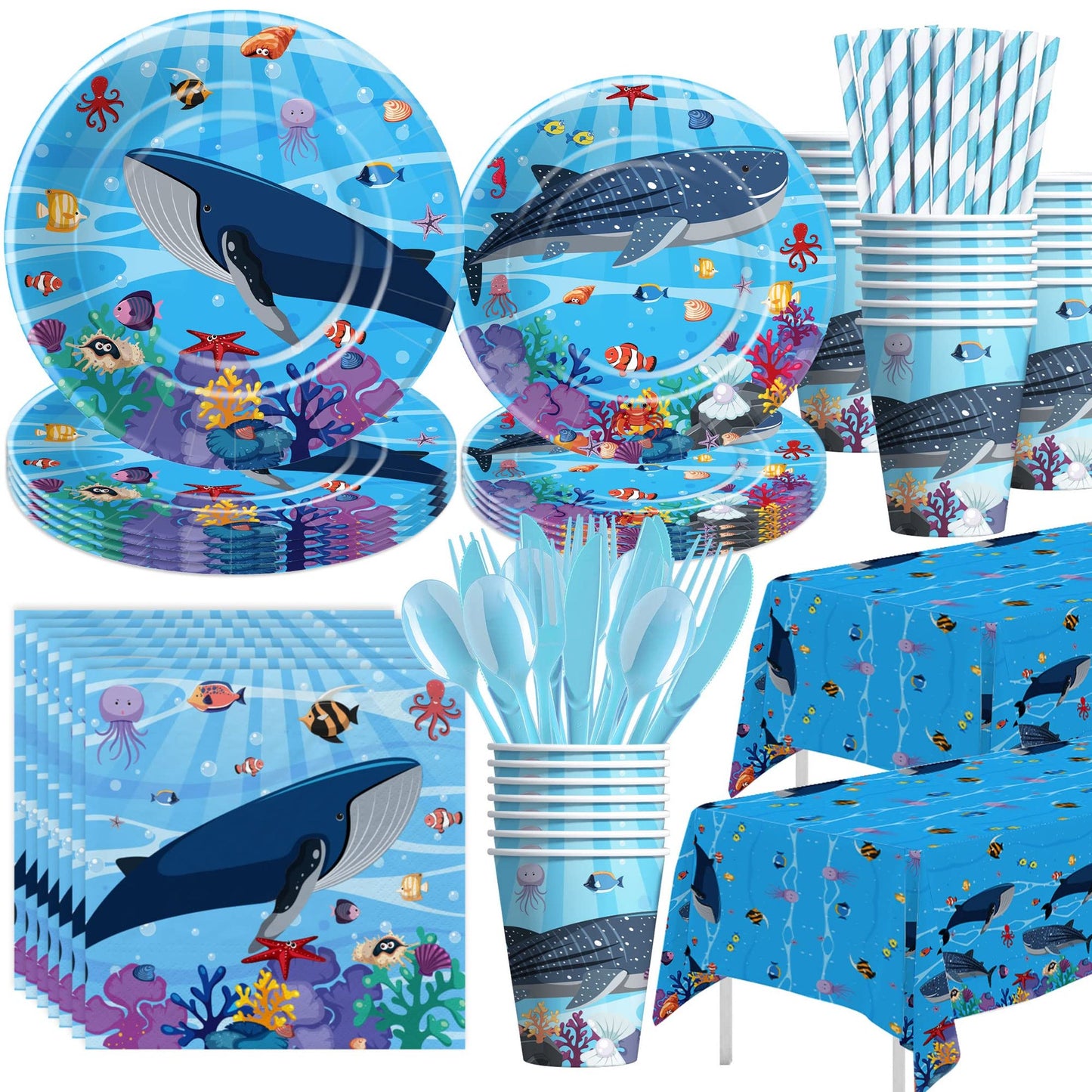 Ocean Whimsy Party Pack - Underwater World Whale Theme Dinnerware Set for 24 Guests - Plates, Cups, Napkins, Tablecloth, Cutlery - Sea Birthday Baby Shower Supplies