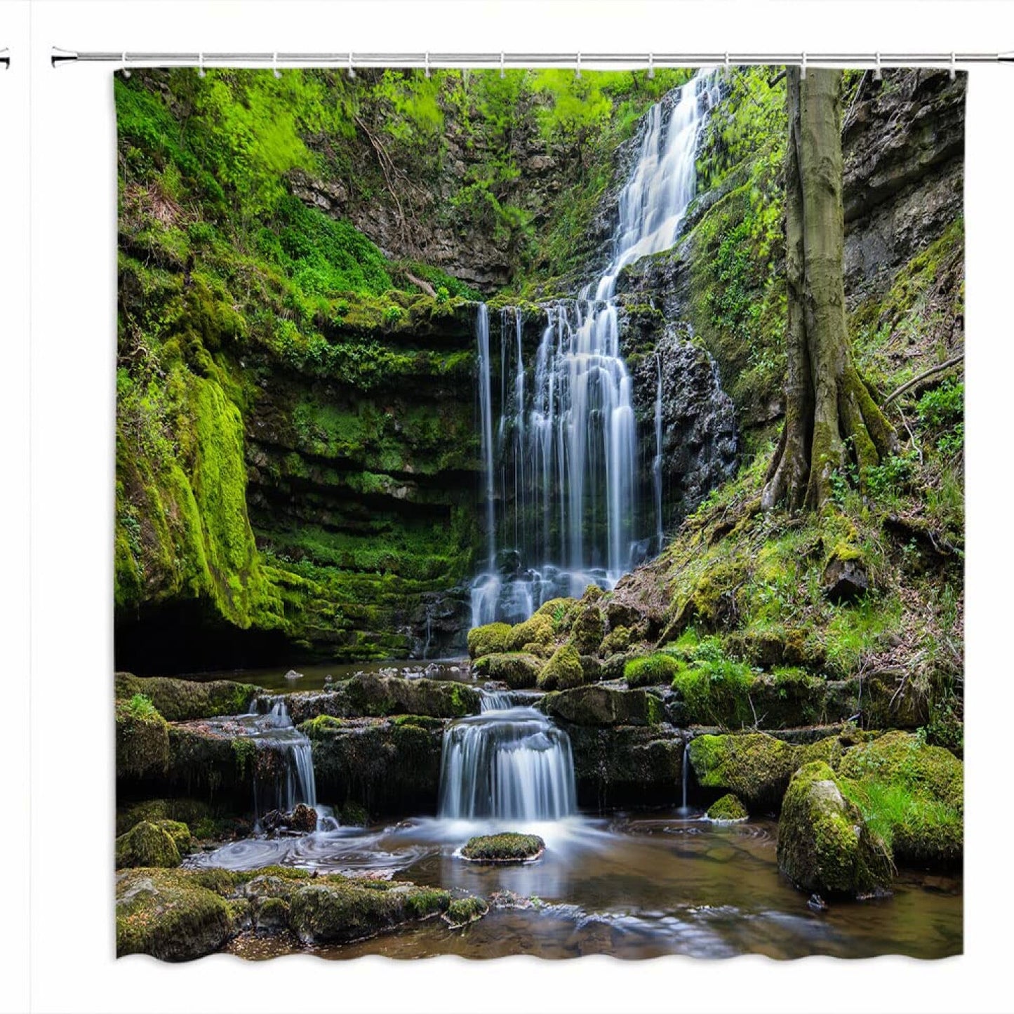 Waterfall Shower Curtain Green Forest Landscape 70x70 Inch