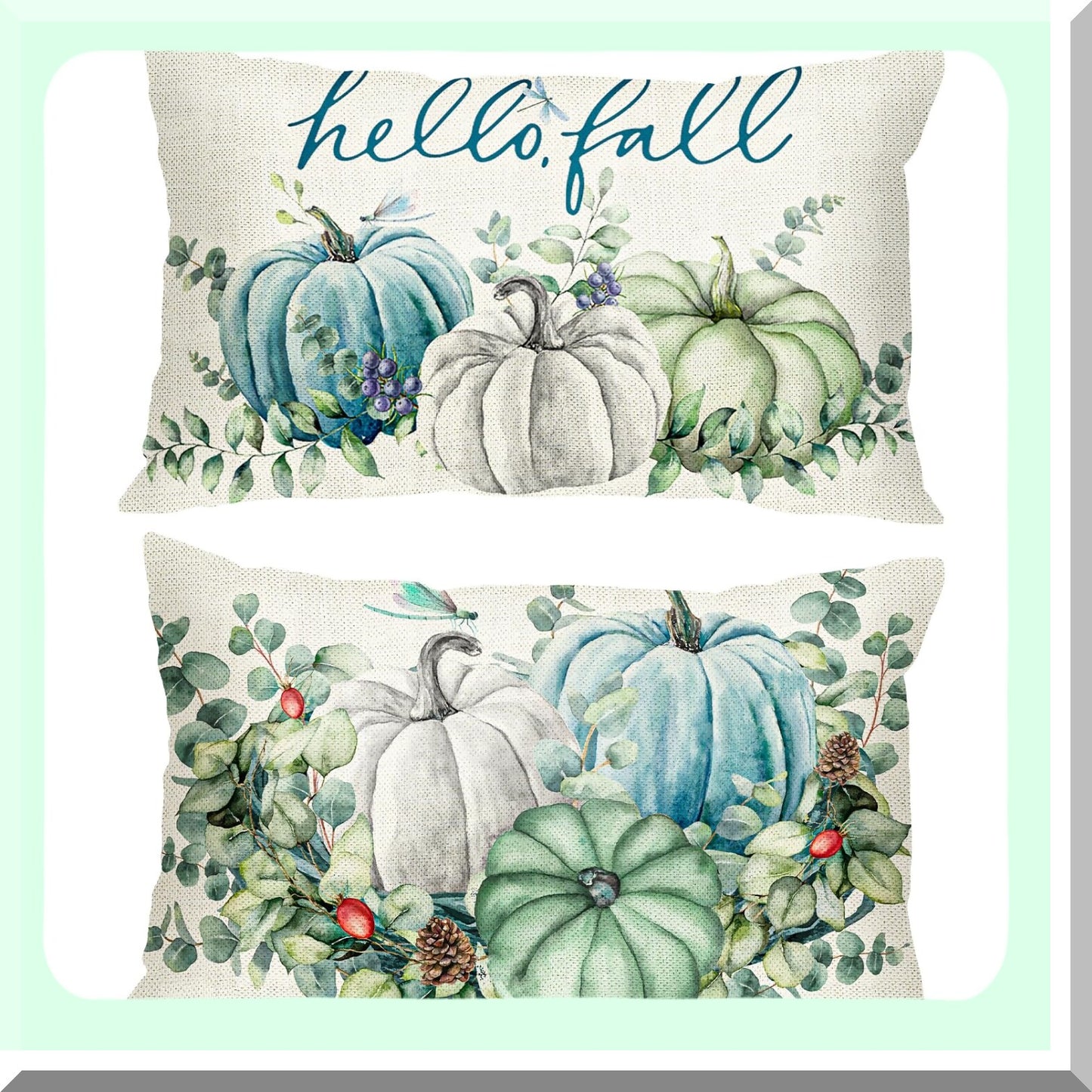 Fall Harvest Lumbar Pillow Set - Teal Blue Pumpkins & Eucalyptus Leaves Cushion Covers - Autumn Decor for Thanksgiving - 12x20 Inch Cozy Throw Pillows