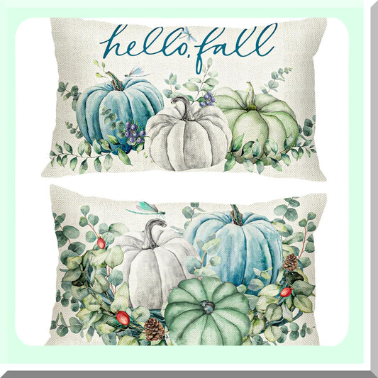 Fall Harvest Lumbar Pillow Set - Teal Blue Pumpkins & Eucalyptus Leaves Cushion Covers - Autumn Decor for Thanksgiving - 12x20 Inch Cozy Throw Pillows