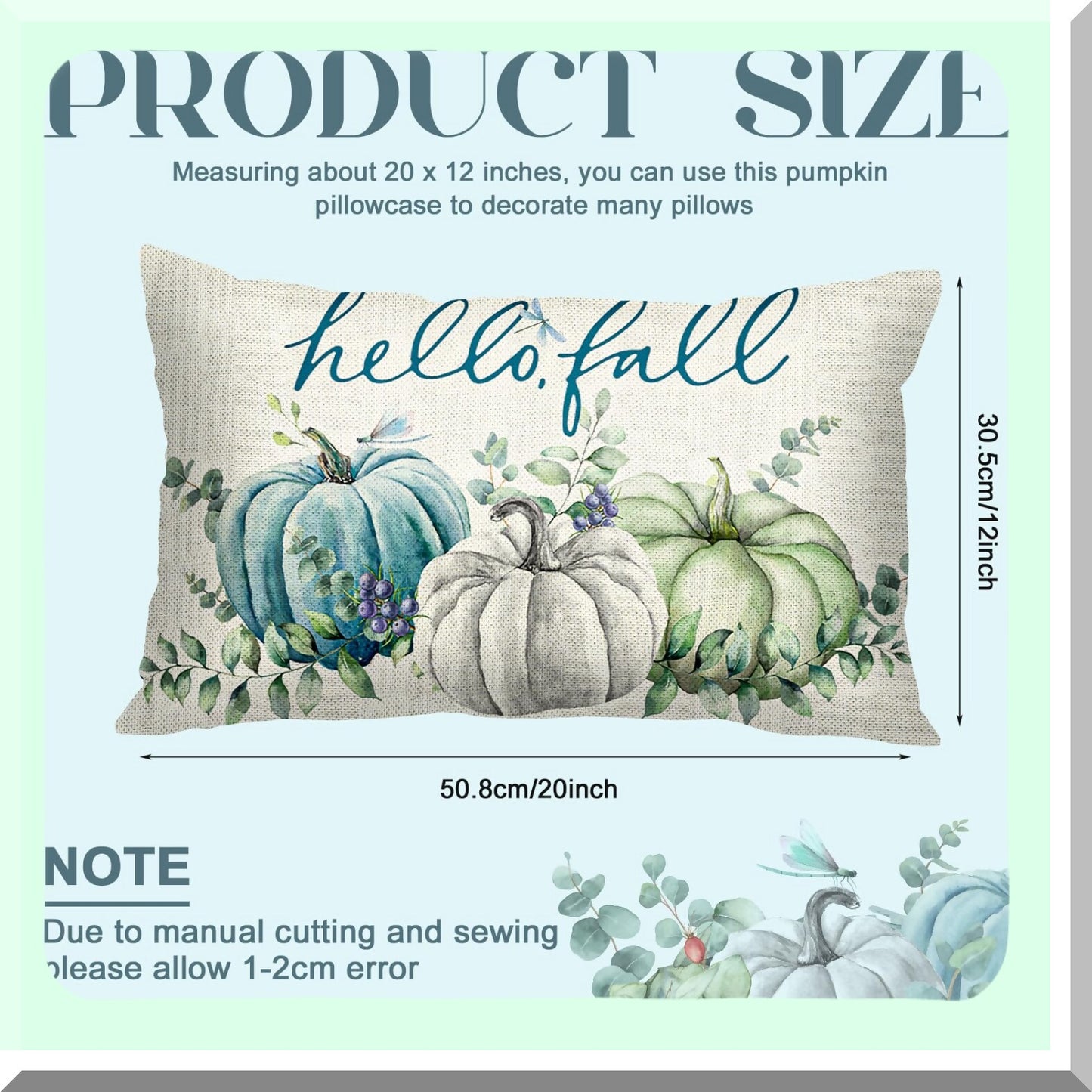 Fall Harvest Lumbar Pillow Set - Teal Blue Pumpkins & Eucalyptus Leaves Cushion Covers - Autumn Decor for Thanksgiving - 12x20 Inch Cozy Throw Pillows