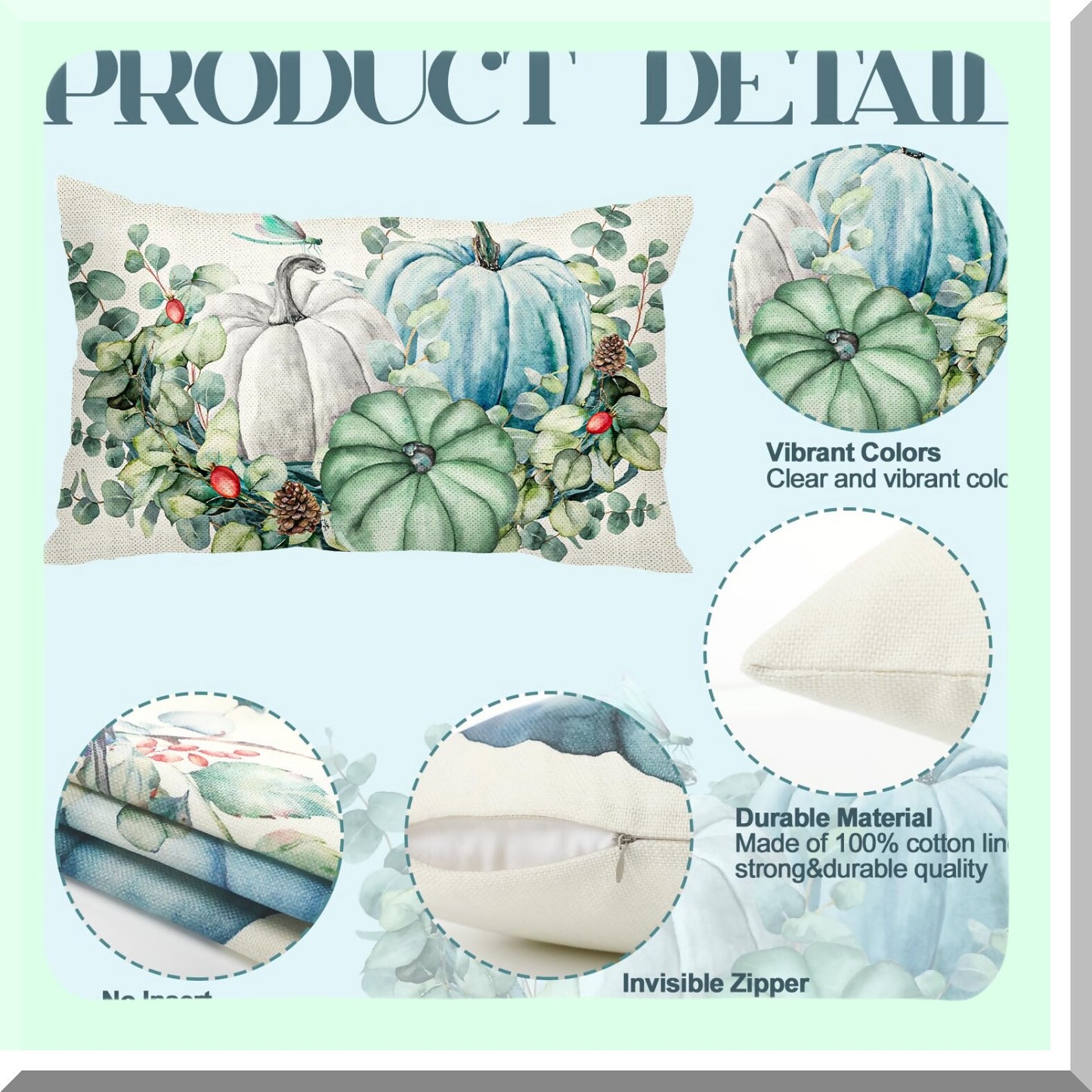 Fall Harvest Lumbar Pillow Set - Teal Blue Pumpkins & Eucalyptus Leaves Cushion Covers - Autumn Decor for Thanksgiving - 12x20 Inch Cozy Throw Pillows