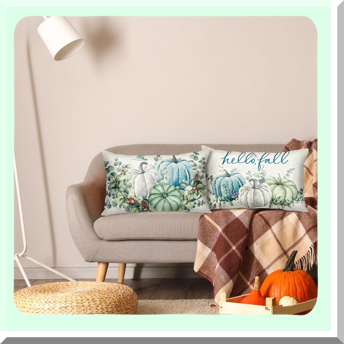 Fall Harvest Lumbar Pillow Set - Teal Blue Pumpkins & Eucalyptus Leaves Cushion Covers - Autumn Decor for Thanksgiving - 12x20 Inch Cozy Throw Pillows