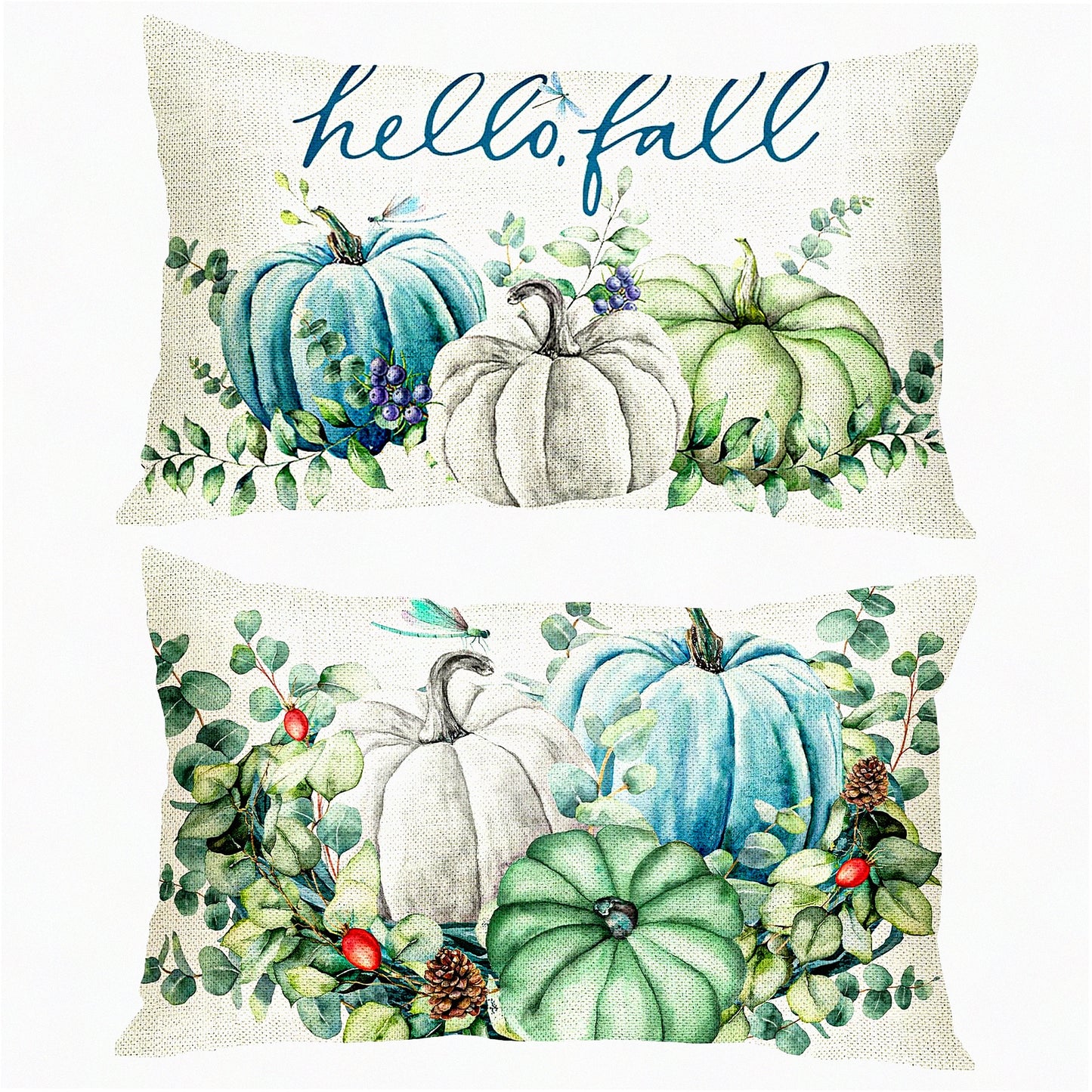 Fall Harvest Lumbar Pillow Set - Teal Blue Pumpkins & Eucalyptus Leaves Cushion Covers - Autumn Decor for Thanksgiving - 12x20 Inch Cozy Throw Pillows