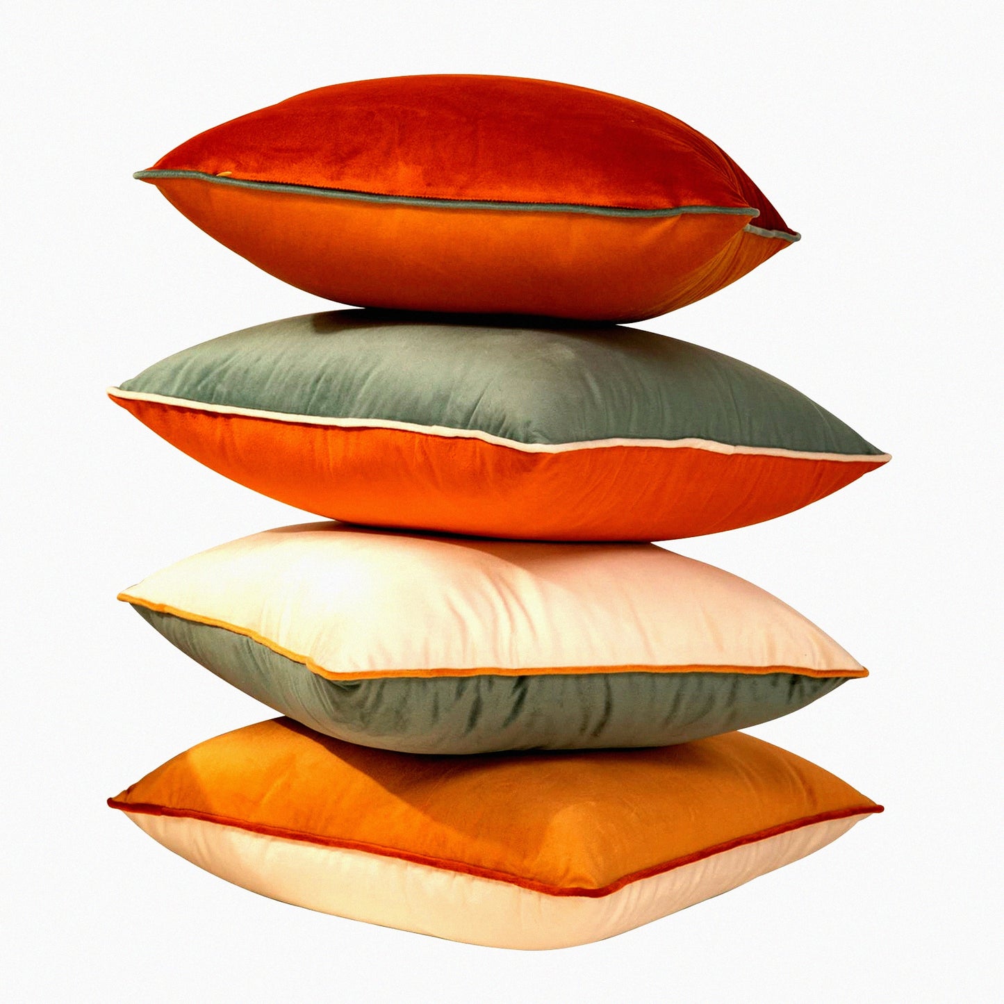Velvet Plaid Pillow Covers - Set of 4 Double-Colored Cushion Cases - Soft Square Throw Pillowcases - Modern Home Decor - Orange Teal Accent