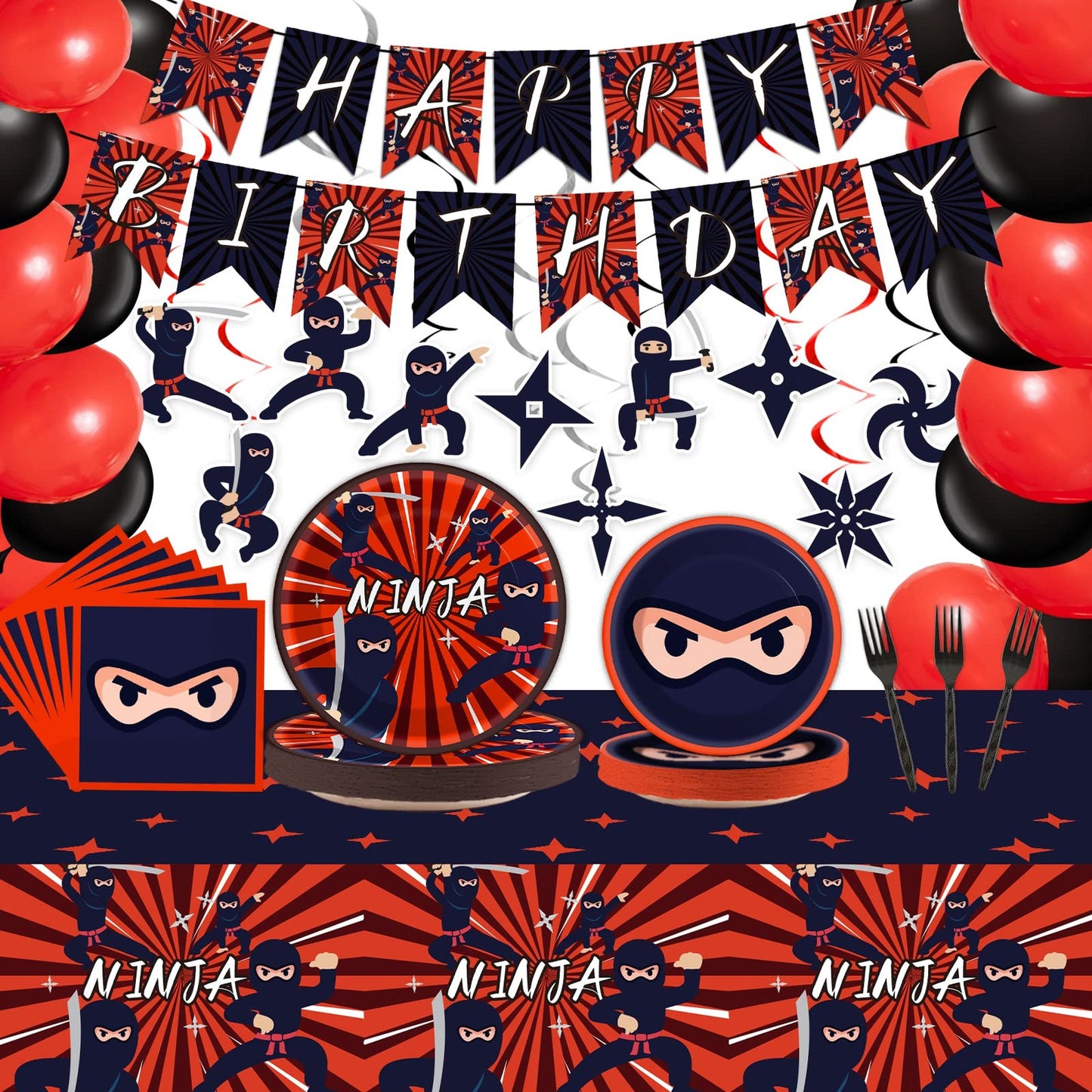 Ninja Warrior Party Pack - Complete Ninja Birthday Decoration Set with Tableware, Tablecloth, Banners, Swirls, Cutouts, and Balloons for Karate Party Fun