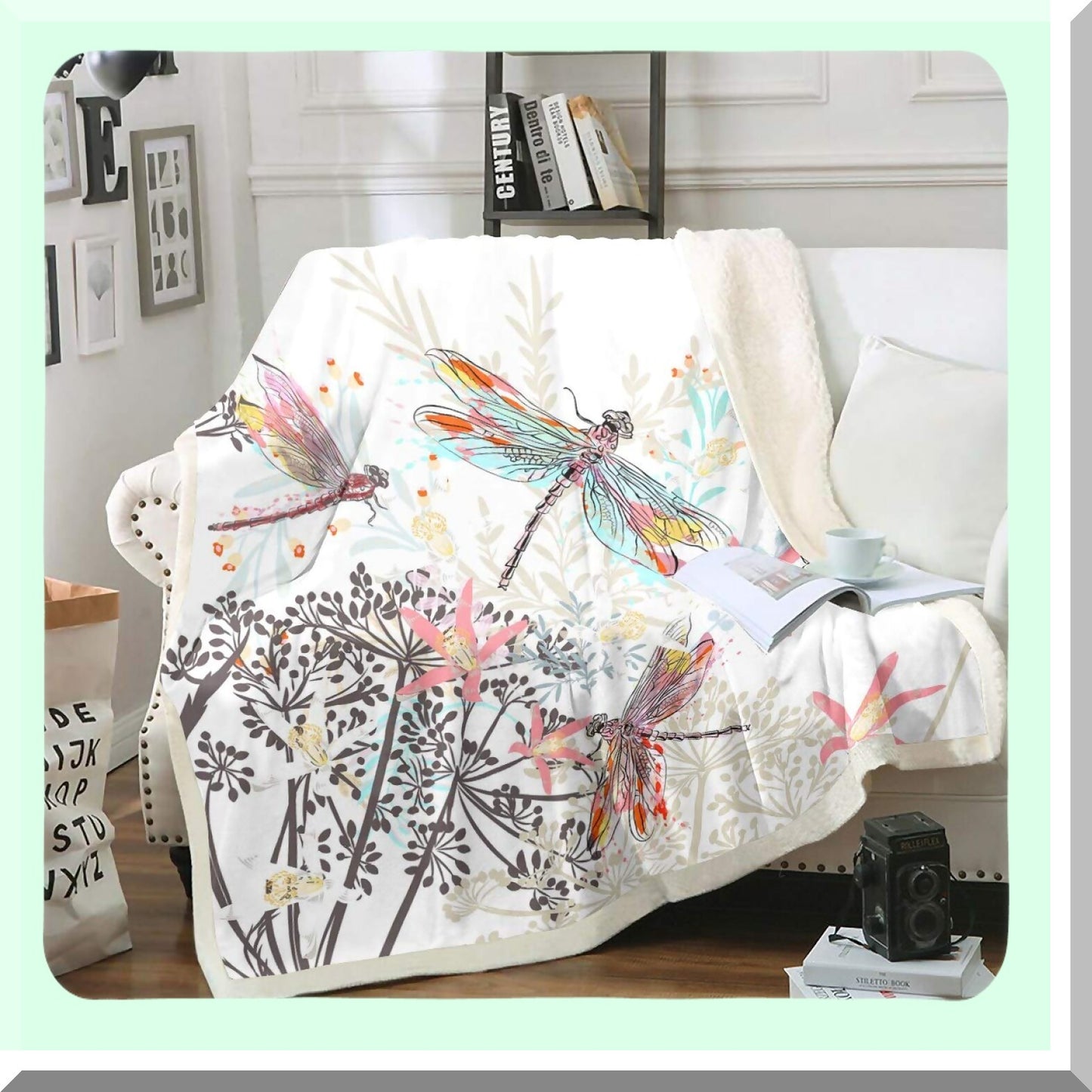 Dragonfly Dreams Sherpa Throw - Soft, Cozy, Fluffy Botanical Blanket for Women & Adults