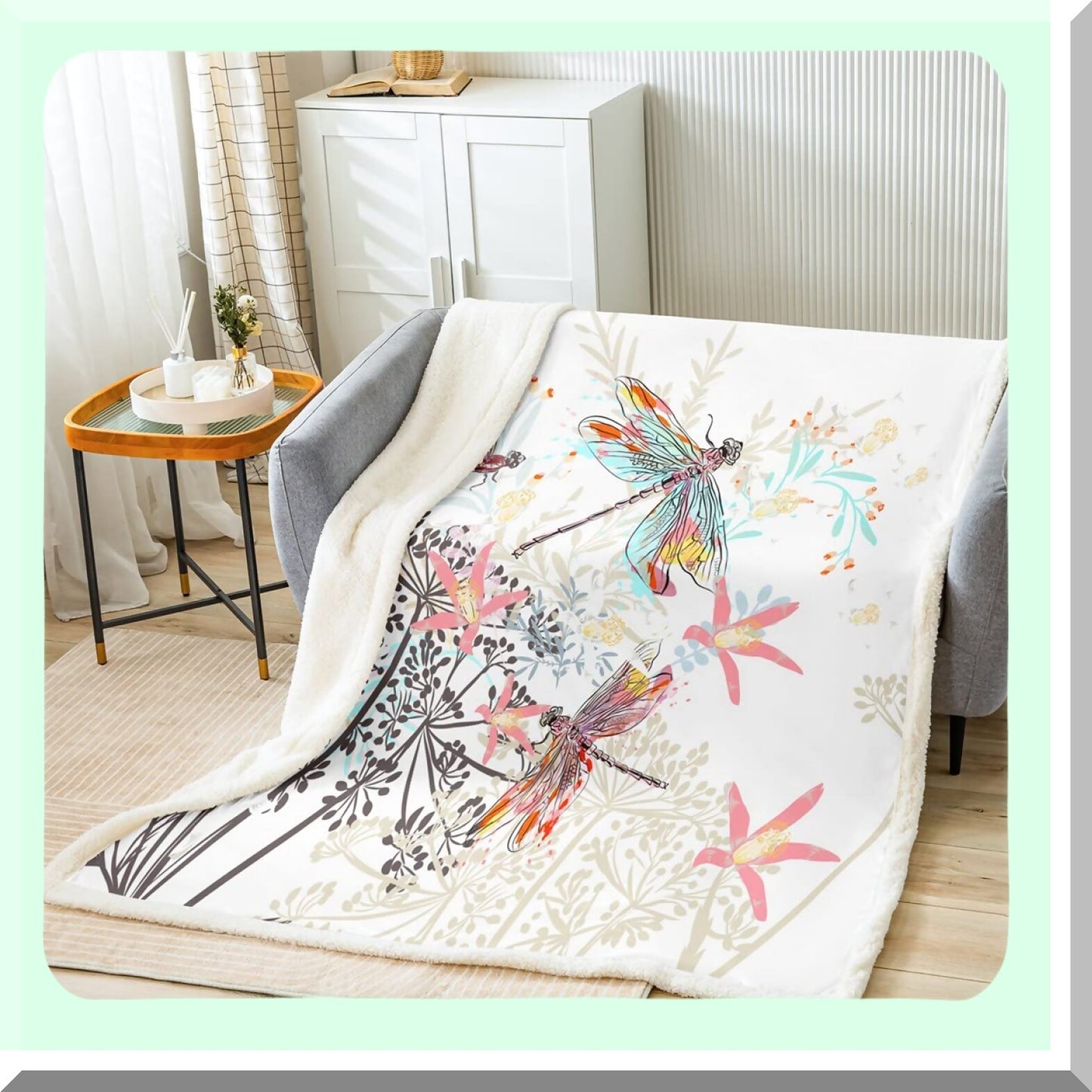 Dragonfly Dreams Sherpa Throw - Soft, Cozy, Fluffy Botanical Blanket for Women & Adults