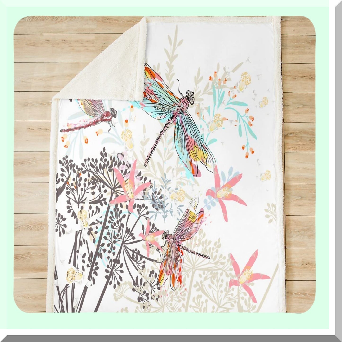 Dragonfly Dreams Sherpa Throw - Soft, Cozy, Fluffy Botanical Blanket for Women & Adults