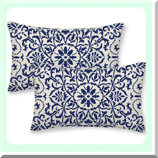 Boho Navy Blue Ethnic Pillow Covers Set - 12x20 Outdoor Throw Pillows with Farmhouse Cushion Design for Sofa Couch Home Decor