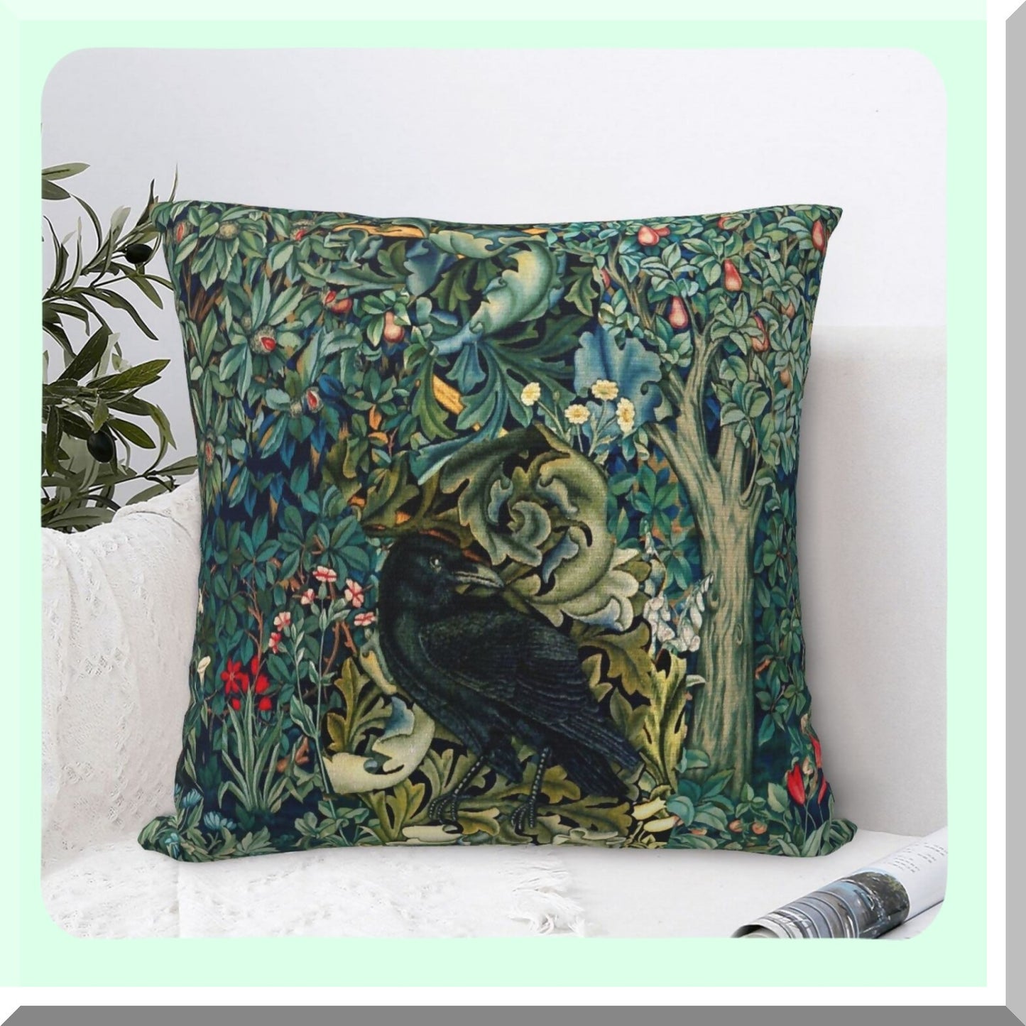 Forest Raven Acanthus Leaves Blue Green Floral Throw Pillow Covers - Set of 12 | Aesthetic Decorative Pillowcase for Living Room, Bed, Sofa & Couch - 18x18 Inch Home Decor Cushion Case