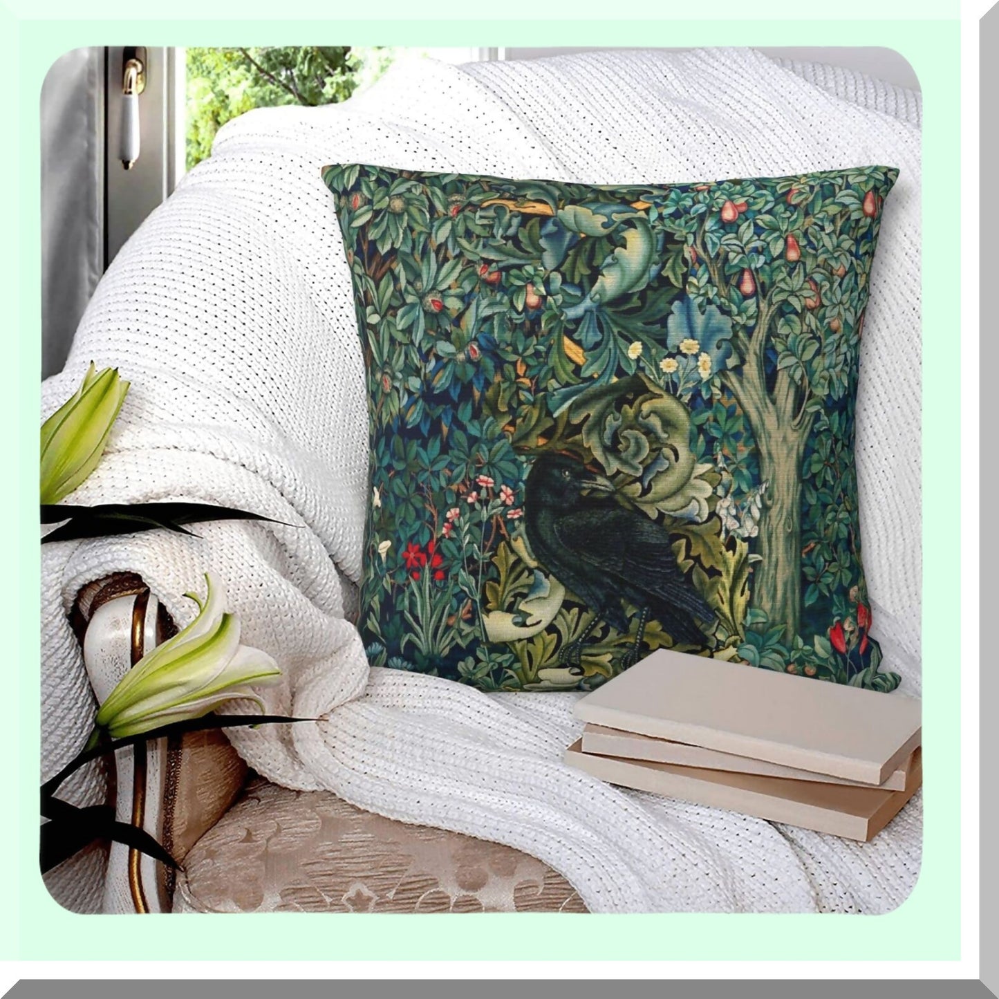 Forest Raven Acanthus Leaves Blue Green Floral Throw Pillow Covers - Set of 12 | Aesthetic Decorative Pillowcase for Living Room, Bed, Sofa & Couch - 18x18 Inch Home Decor Cushion Case
