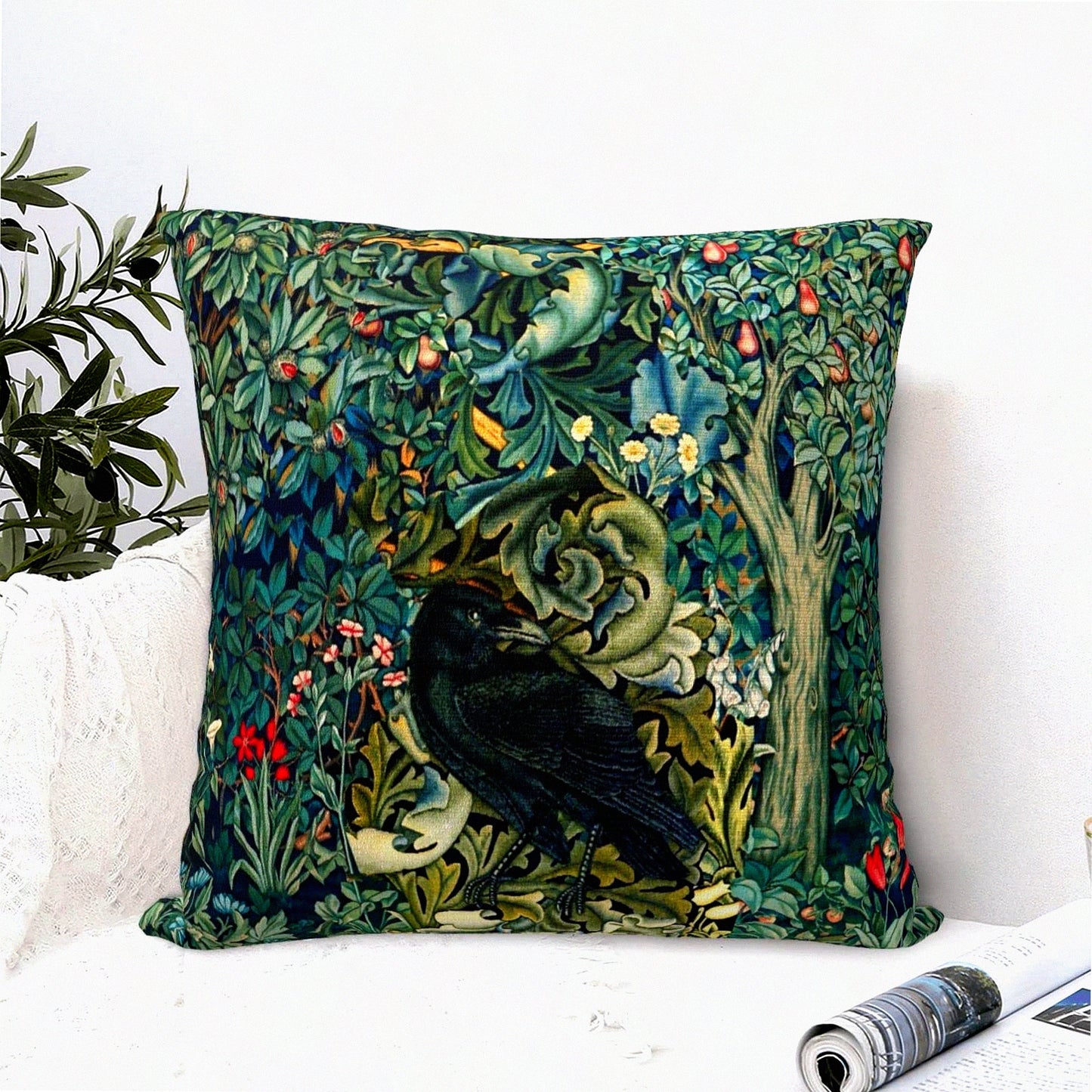 Forest Raven Acanthus Leaves Blue Green Floral Throw Pillow Covers - Set of 12 | Aesthetic Decorative Pillowcase for Living Room, Bed, Sofa & Couch - 18x18 Inch Home Decor Cushion Case