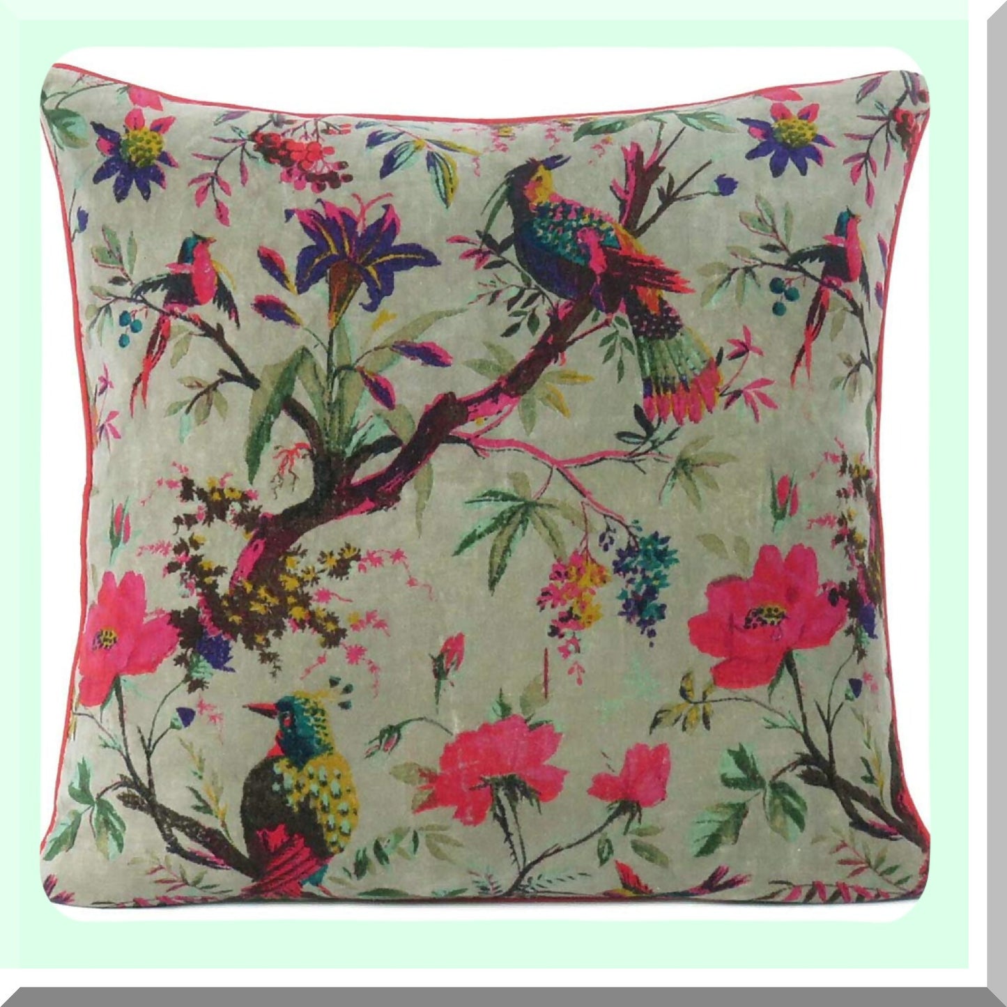 Boho Chic Velvet Bird Floral Pillow Cover - Colorful Decorative Cushion Case for Sofa Couch - Bohemian Accent for Bedroom Living Room - 24x24 inch Green Olive