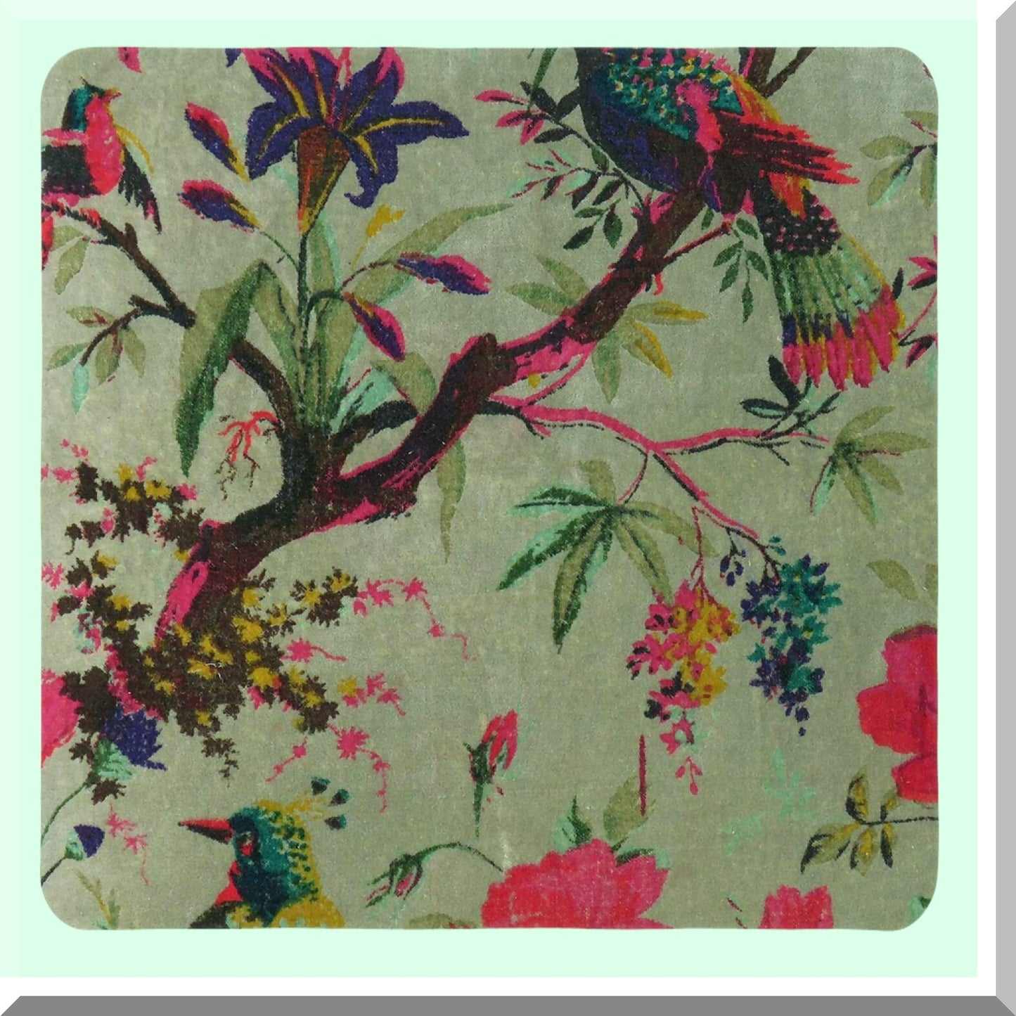 Boho Chic Velvet Bird Floral Pillow Cover - Colorful Decorative Cushion Case for Sofa Couch - Bohemian Accent for Bedroom Living Room - 24x24 inch Green Olive