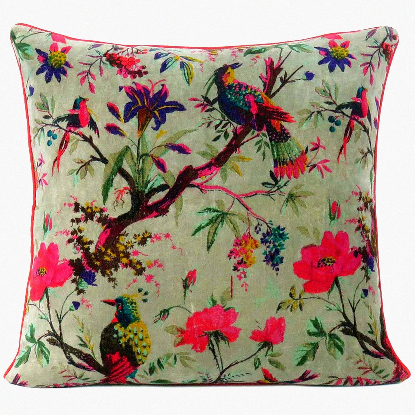 Boho Chic Velvet Bird Floral Pillow Cover - Colorful Decorative Cushion Case for Sofa Couch - Bohemian Accent for Bedroom Living Room - 24x24 inch Green Olive
