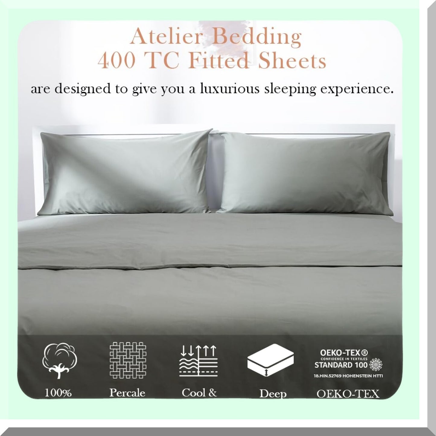 Luxury Cool Cotton Percale Fitted Sheet - 400 Thread Count, Soft Silky Deep Pockets, Hotel Quality Bedding in Dark Grey - Home Comfort & Style