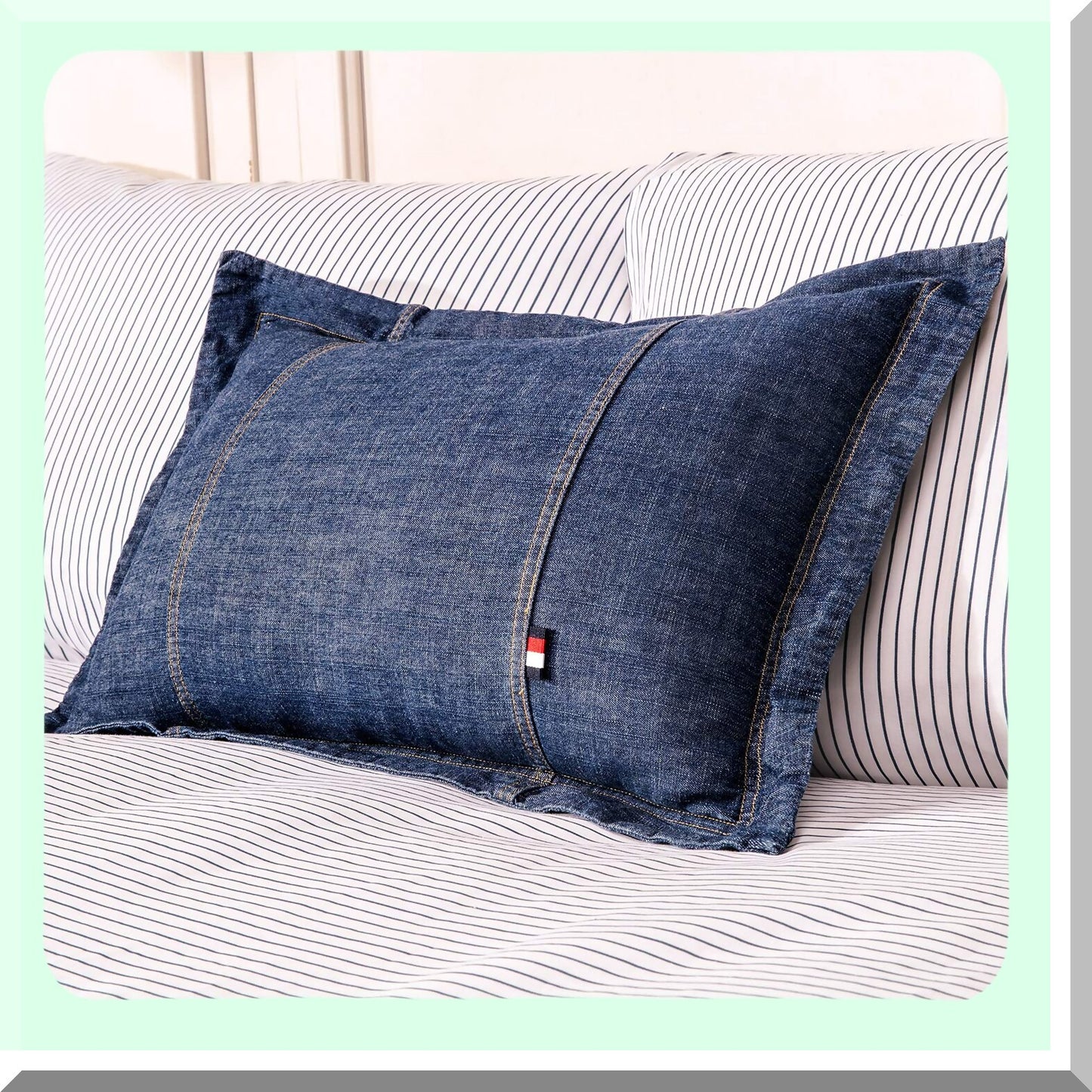 Blue Denim Decorative Pillow Covers Set - Soft Cotton Cushion Cases for Car Sofa Bedroom - Washed Oblong Shell - 12'' x 18'' (2 Pack)