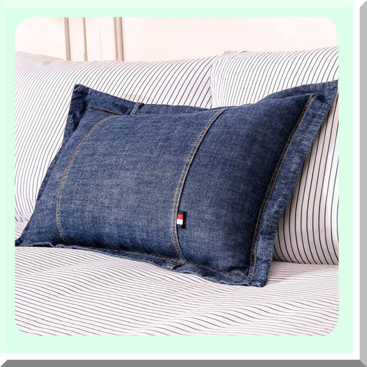 Blue Denim Decorative Pillow Covers Set - Soft Cotton Cushion Cases for Car Sofa Bedroom - Washed Oblong Shell - 12'' x 18'' (2 Pack)
