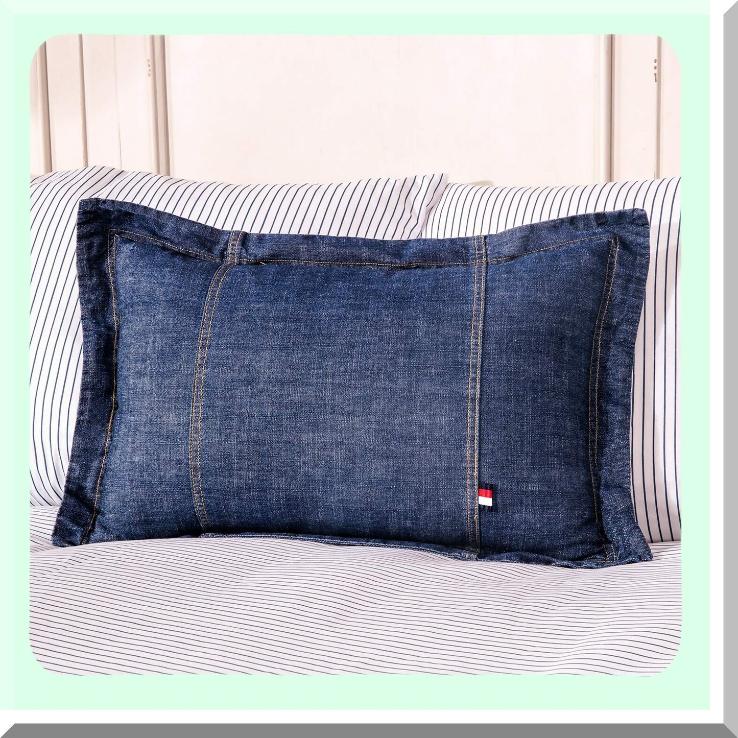 Blue Denim Decorative Pillow Covers Set - Soft Cotton Cushion Cases for Car Sofa Bedroom - Washed Oblong Shell - 12'' x 18'' (2 Pack)