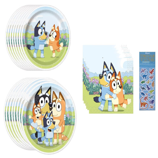 Bluey Dino Party Pack - 8 Dessert & Lunch Plates, 16 Beverage Napkins, Dinosaur Sticker Sheet - Birthday Supplies Bundle for 8 Guests