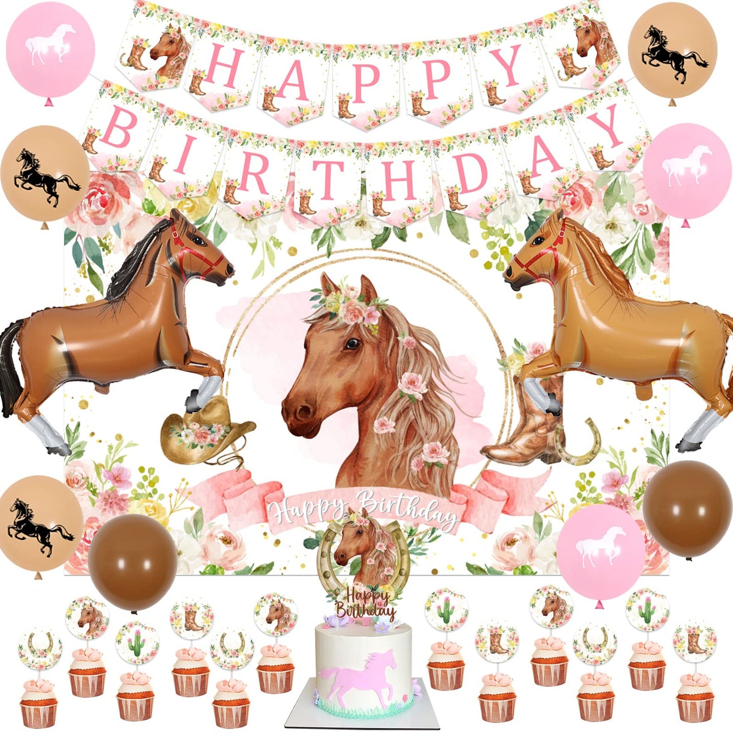 Horse Gallop Celebration Kit - Horse Banner, Photo Backdrop, Cake Toppers, Racing Balloons & Cowgirl Party Supplies. Perfect for Girls Birthday!