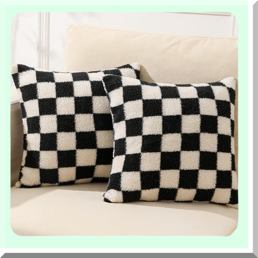 Luxury Checkerboard Pillow Set - Super Soft Wool Cushion Case - Checkered Throw Pillows for Living Room - Black and White Checker Pattern - 18x18 Set of 2