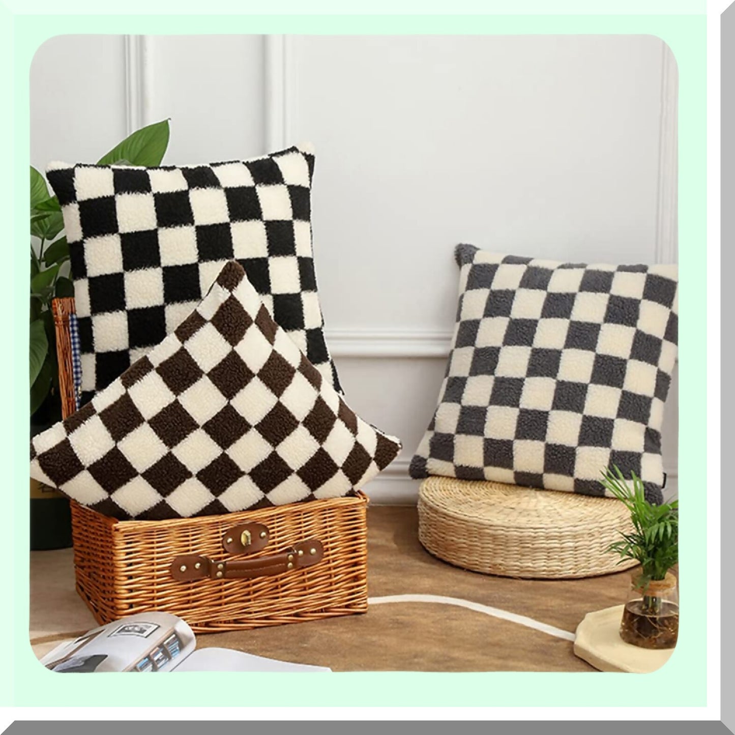 Luxury Checkerboard Pillow Set - Super Soft Wool Cushion Case - Checkered Throw Pillows for Living Room - Black and White Checker Pattern - 18x18 Set of 2