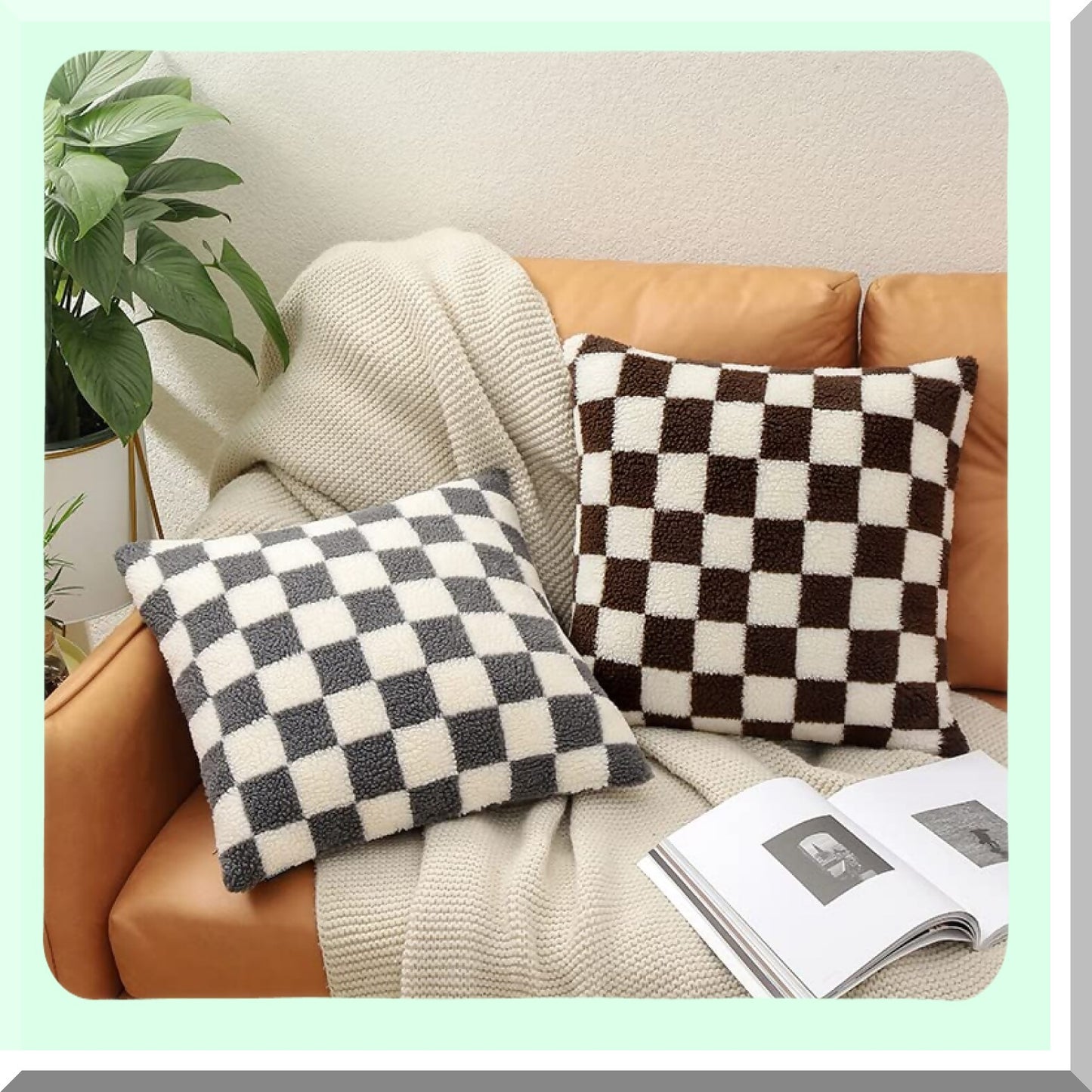 Luxury Checkerboard Pillow Set - Super Soft Wool Cushion Case - Checkered Throw Pillows for Living Room - Black and White Checker Pattern - 18x18 Set of 2