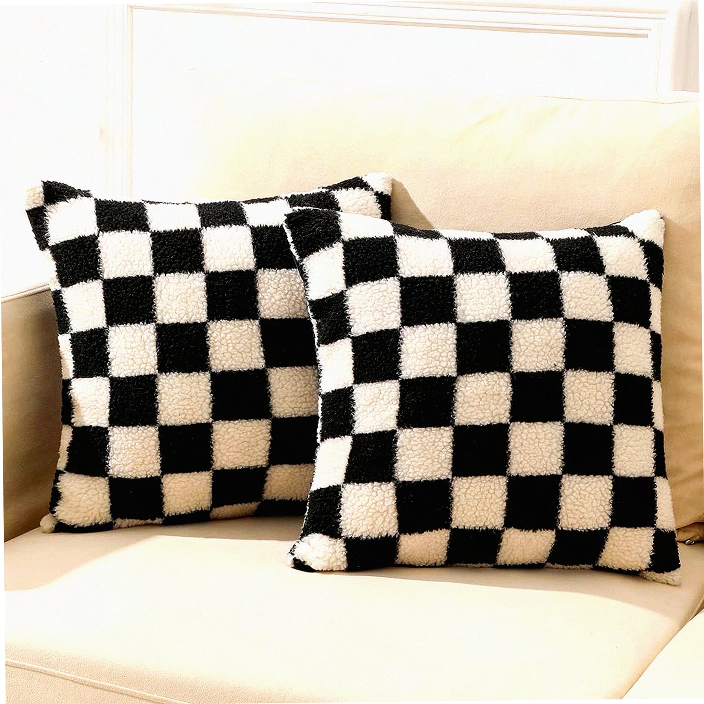 Luxury Checkerboard Pillow Set - Super Soft Wool Cushion Case - Checkered Throw Pillows for Living Room - Black and White Checker Pattern - 18x18 Set of 2